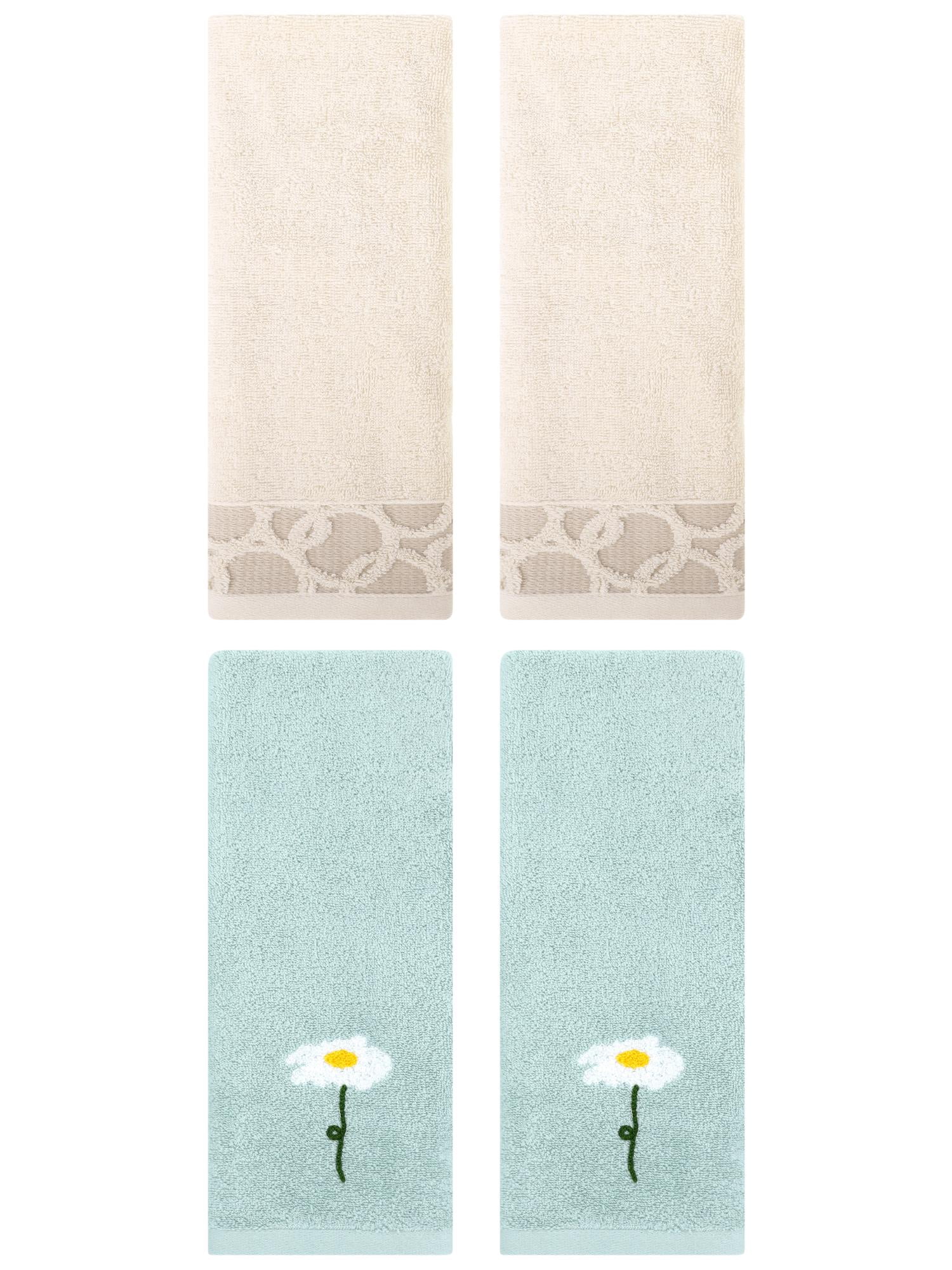 Unique Bargains 4 Pcs Soft Cotton Hands Towels Blue/Camel 13" x 30"/13" x 29"
