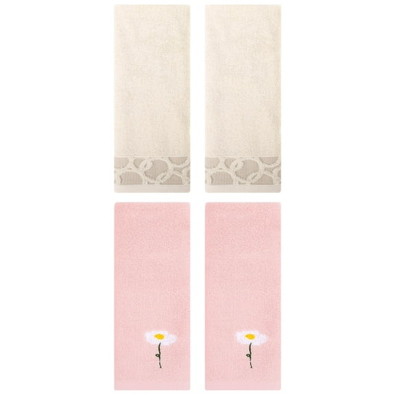 Unique Bargains 4 Pcs Soft Cotton Hands Towels Pink/Camel 13" x 30"/13" x 29"