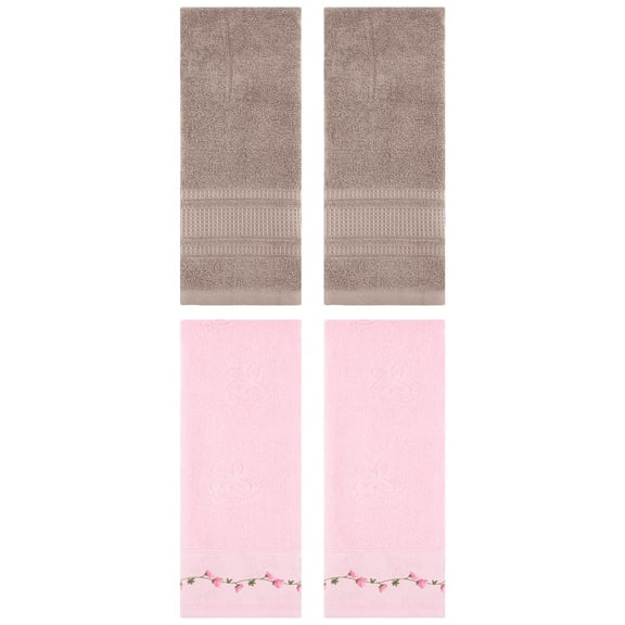 Unique Bargains 4 Pcs Soft Embroidered Hand Towels 13" x 29" Pink/Brown