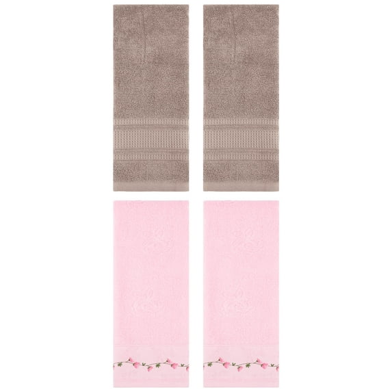 Unique Bargains 4 Pcs Soft Embroidered Hand Towels 13" x 29" Pink/Brown