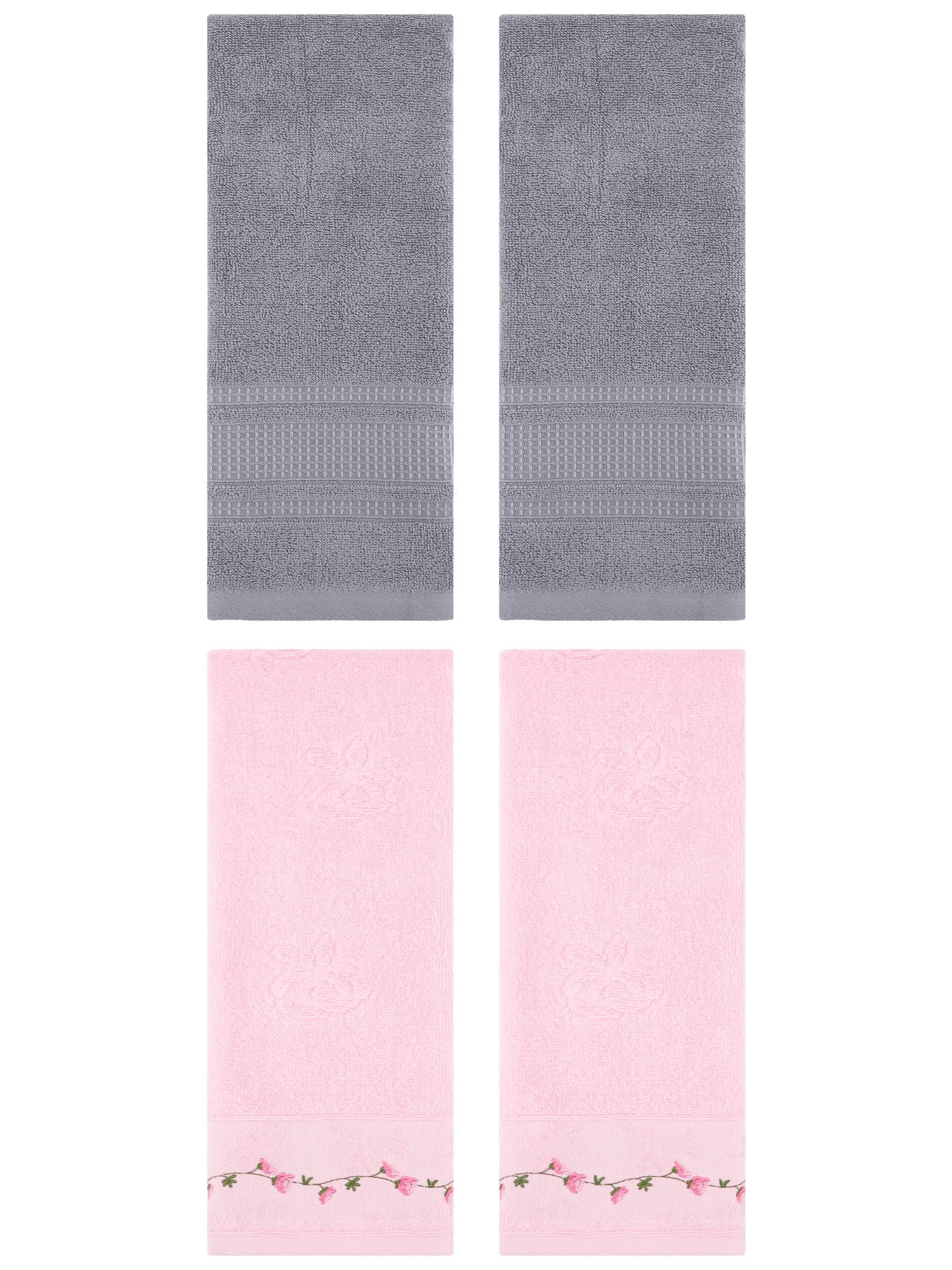 Unique Bargains 4 Pcs Soft Embroidered Hand Towels 13" x 29" Pink/Grey