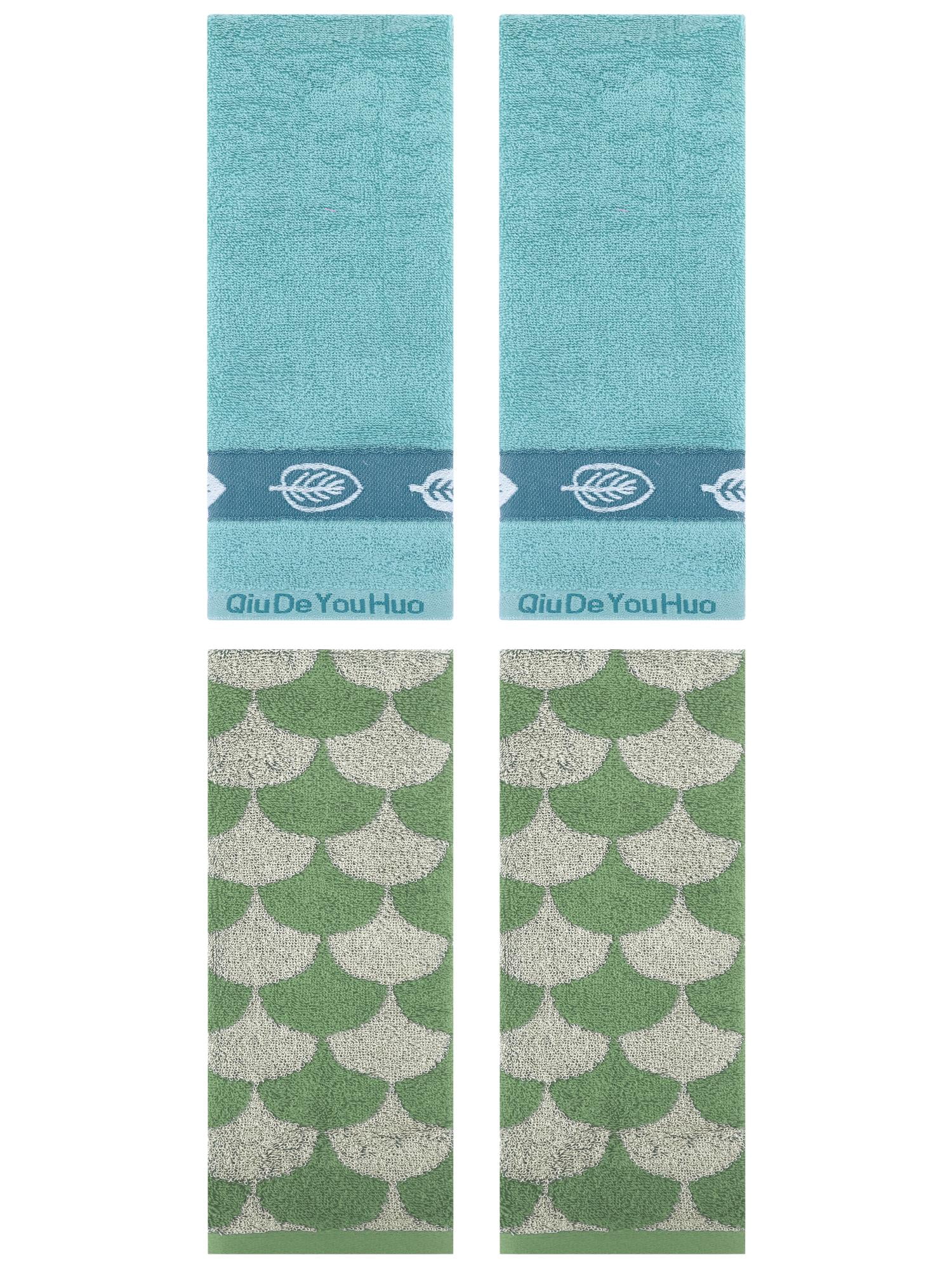 Unique Bargains 4 Pcs Soft Geometric and Leaves Hand Towel Set 13" x 29" Green/Lake Blue