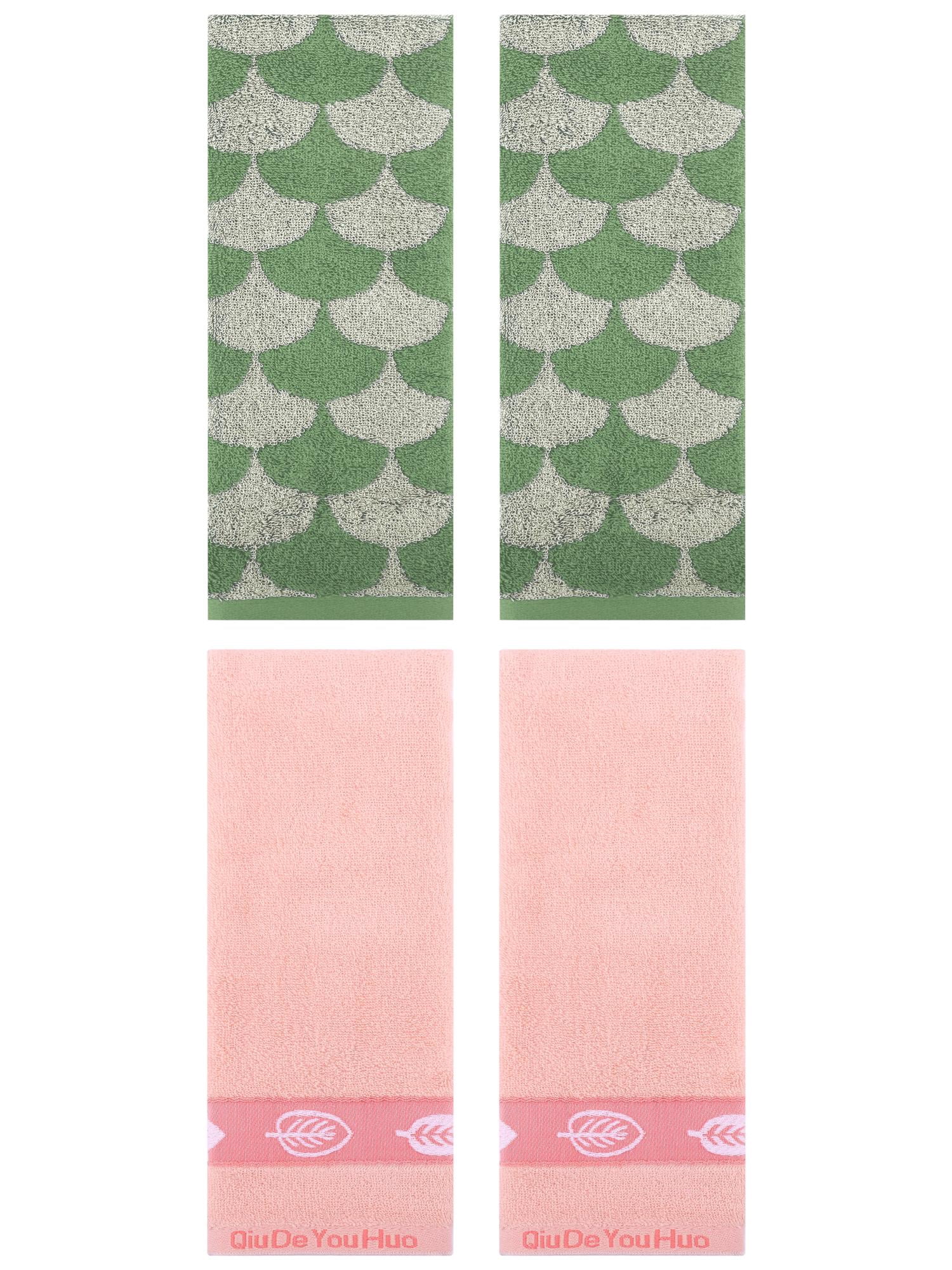Unique Bargains 4 Pcs Soft Geometric and Leaves Hand Towel Set 13" x 29" Green/Pink