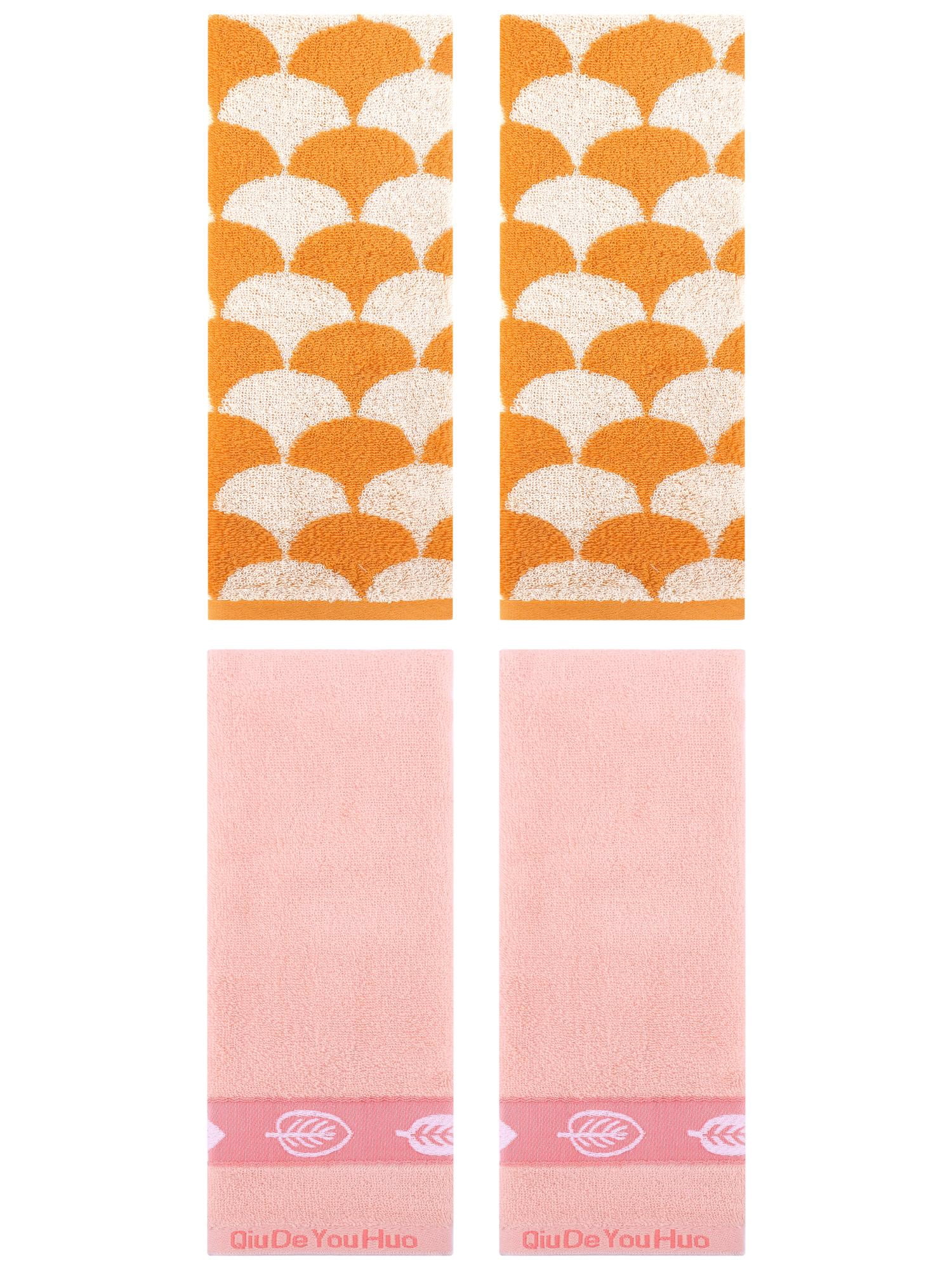 Unique Bargains 4 Pcs Soft Geometric and Leaves Hand Towel Set 13" x 29" Orange/Pink