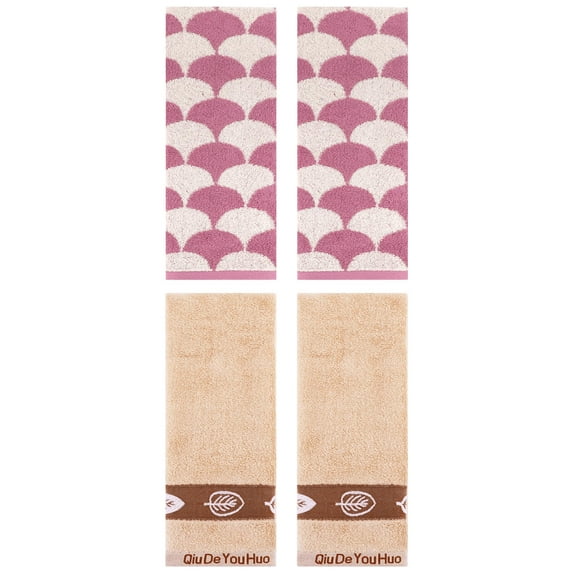 Unique Bargains 4 Pcs Soft Geometric and Leaves Hand Towel Set 13" x 29" Pink/Brown