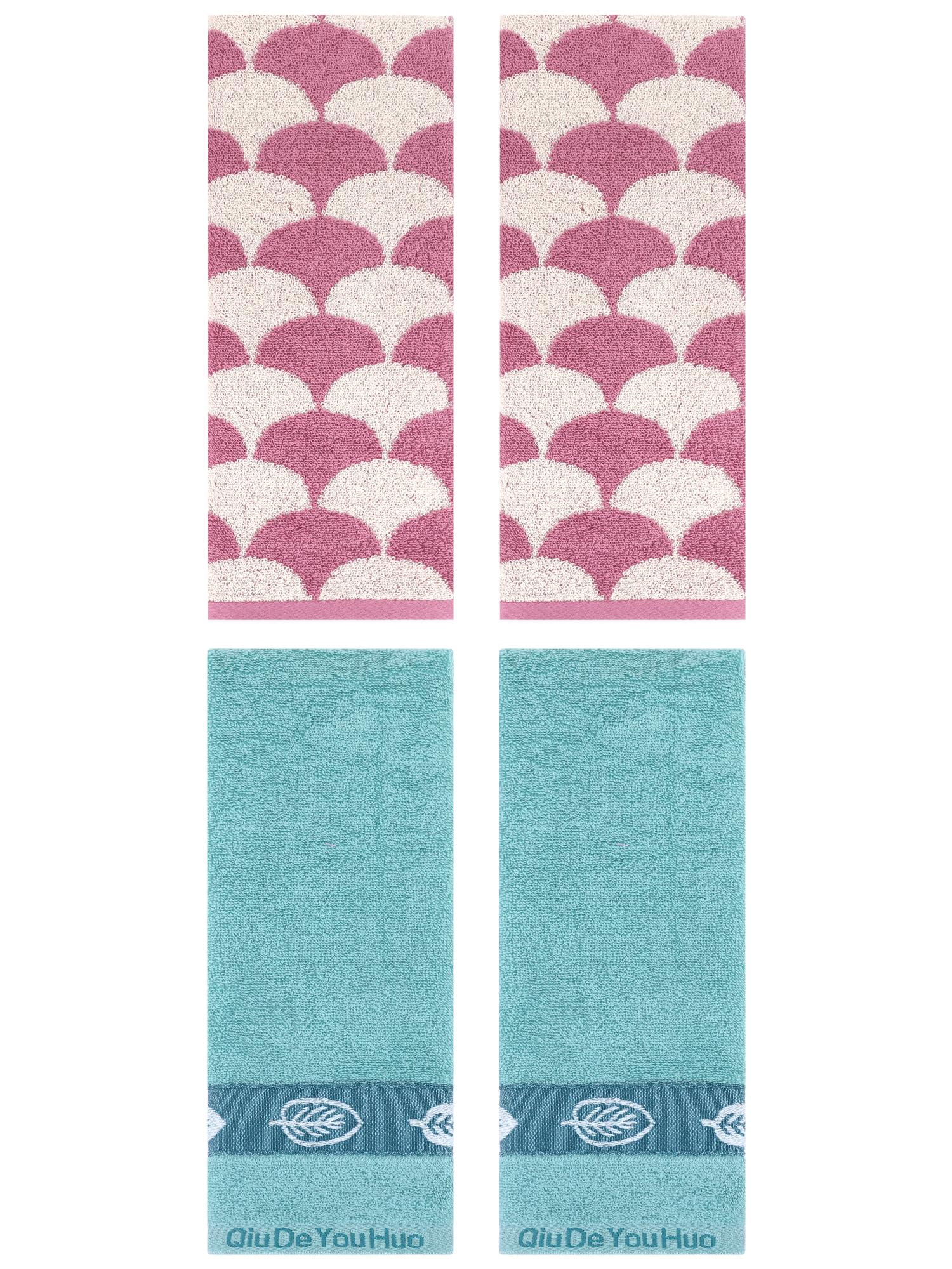 Unique Bargains 4 Pcs Soft Geometric and Leaves Hand Towel Set 13" x 29" Pink/Lake Blue