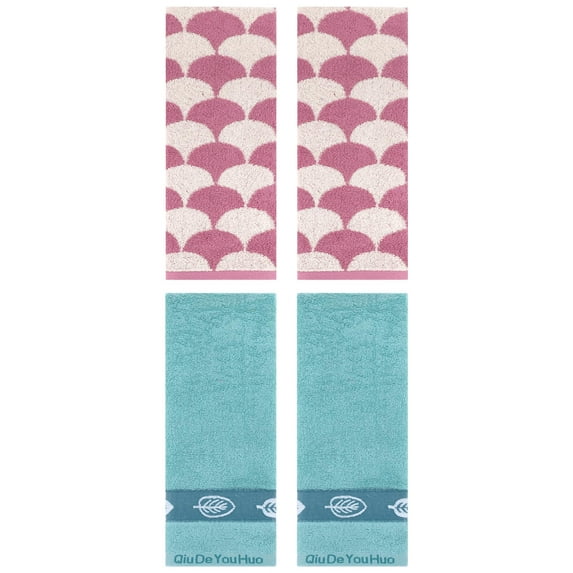 Unique Bargains 4 Pcs Soft Geometric and Leaves Hand Towel Set 13" x 29" Pink/Lake Blue