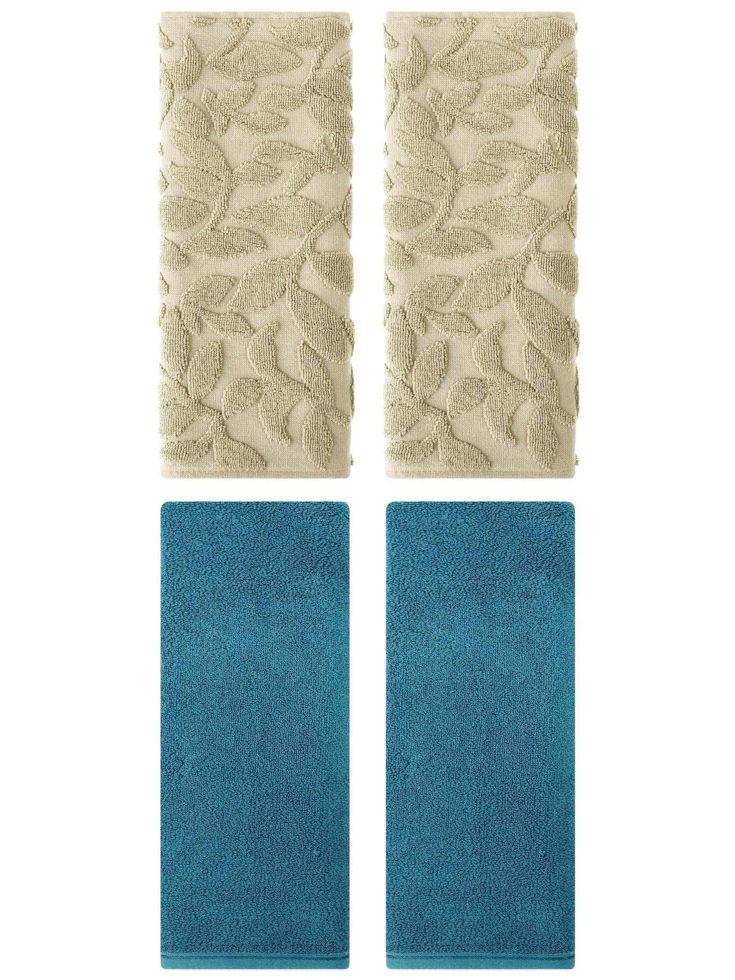 Unique Bargains 4 Pcs Soft Hand Towel Set Dark Cyan/Khaki 13" x 30"/14" x 30"