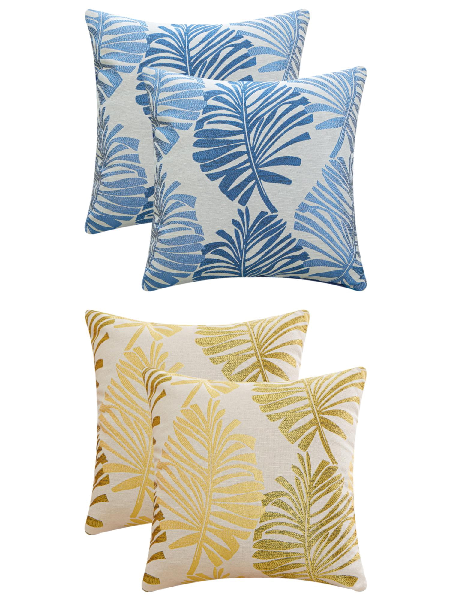 Unique Bargains 4 Pcs Soft Palm Leaf Pattern Cushion Case Blue/Yellow 18" x 18"