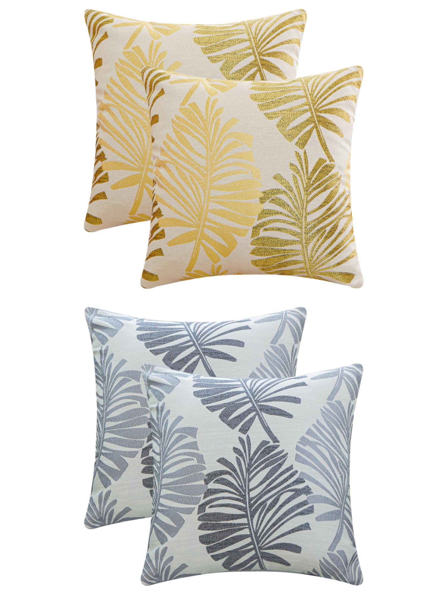 Unique Bargains 4 Pcs Soft Palm Leaf Pattern Cushion Case Grey/Yellow 18" x 18"