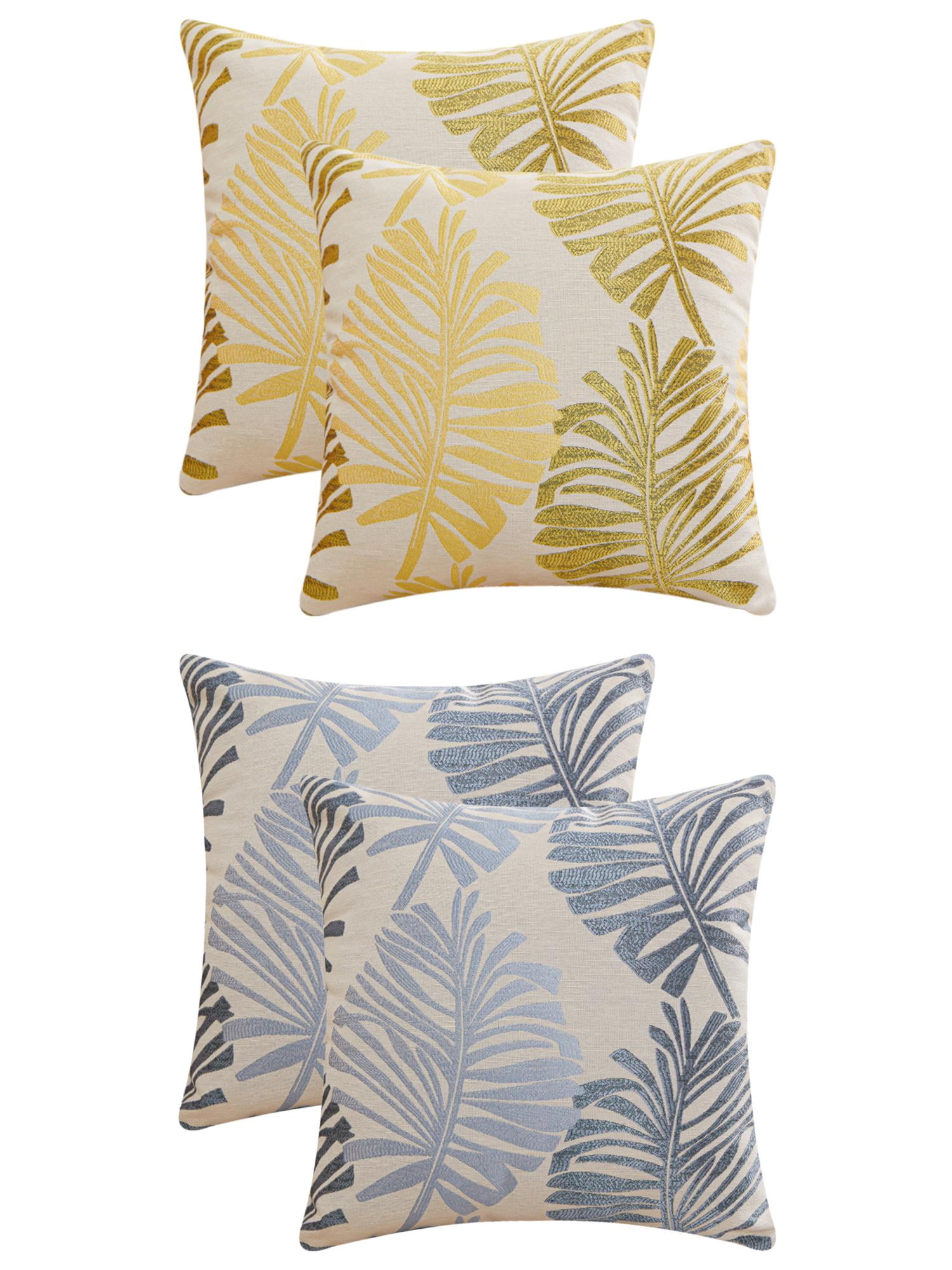 Unique Bargains 4 Pcs Soft Palm Leaf Pattern Cushion Case Light Blue/Yellow 22" x 22"