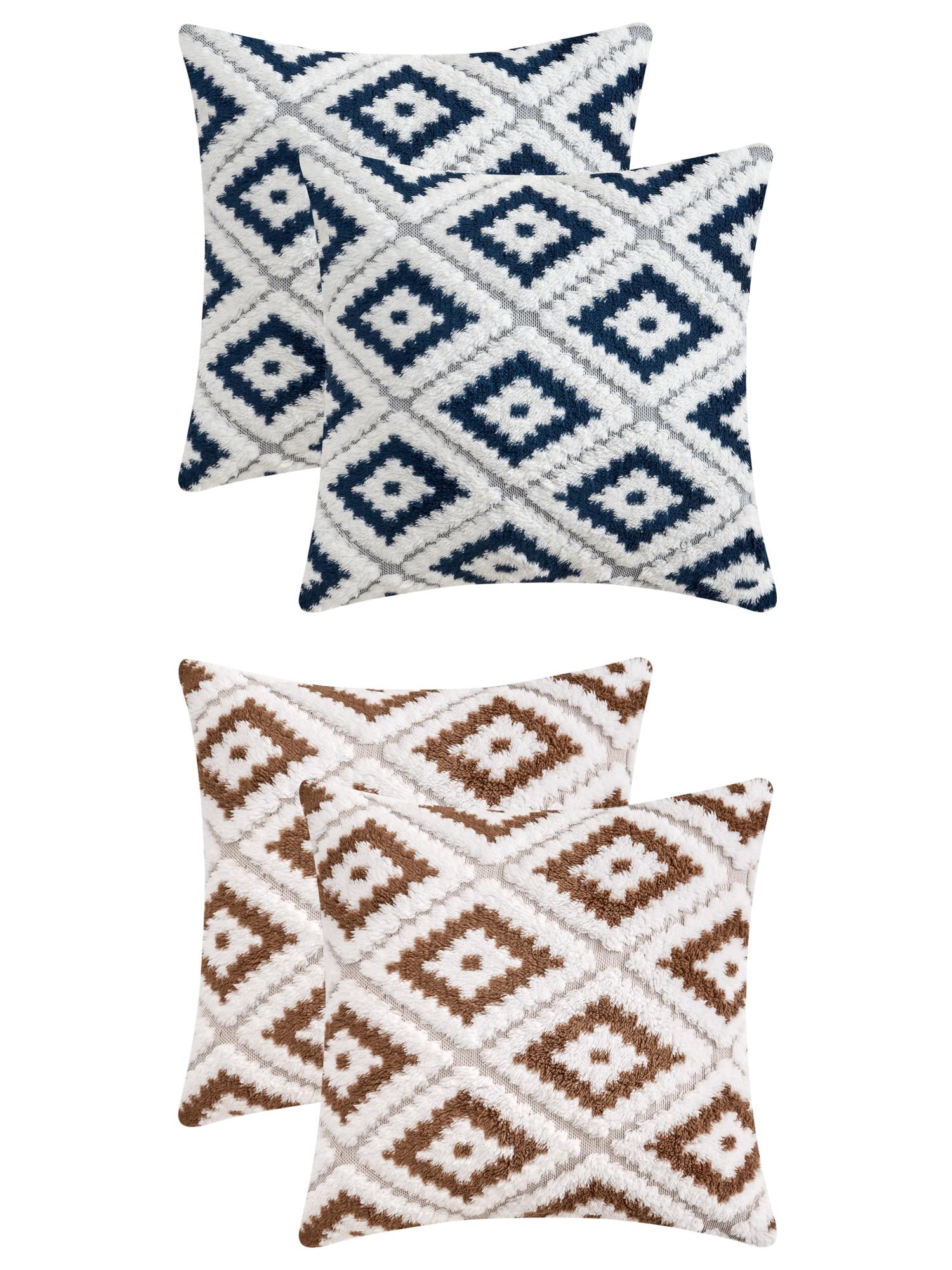 Unique Bargains 4 Pcs Soft Plush Throw Pillow Covers Brown/Navy Blue 18" x 18"