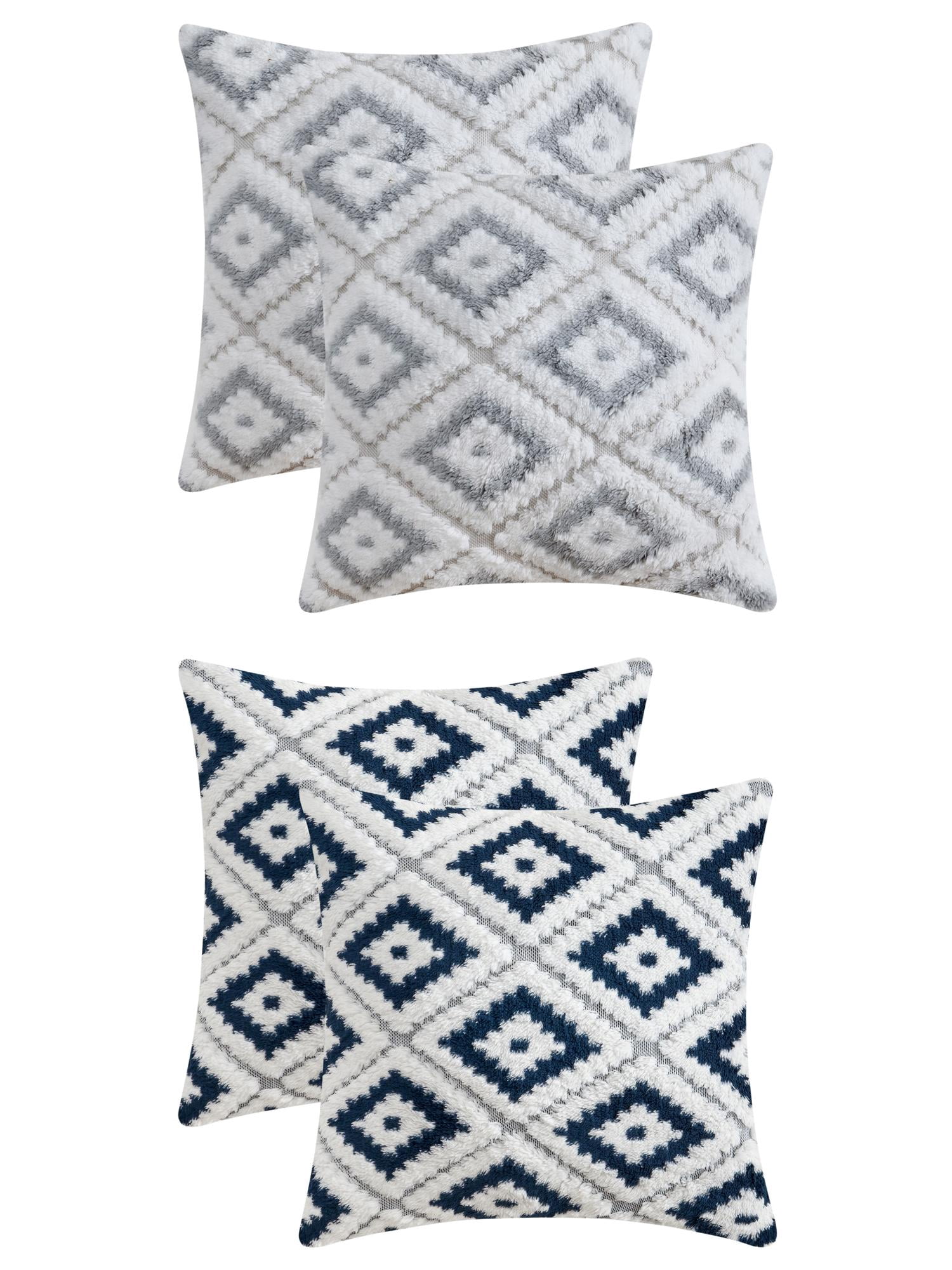 Unique Bargains 4 Pcs Soft Plush Throw Pillow Covers Grey/Navy Blue 16" x 16"