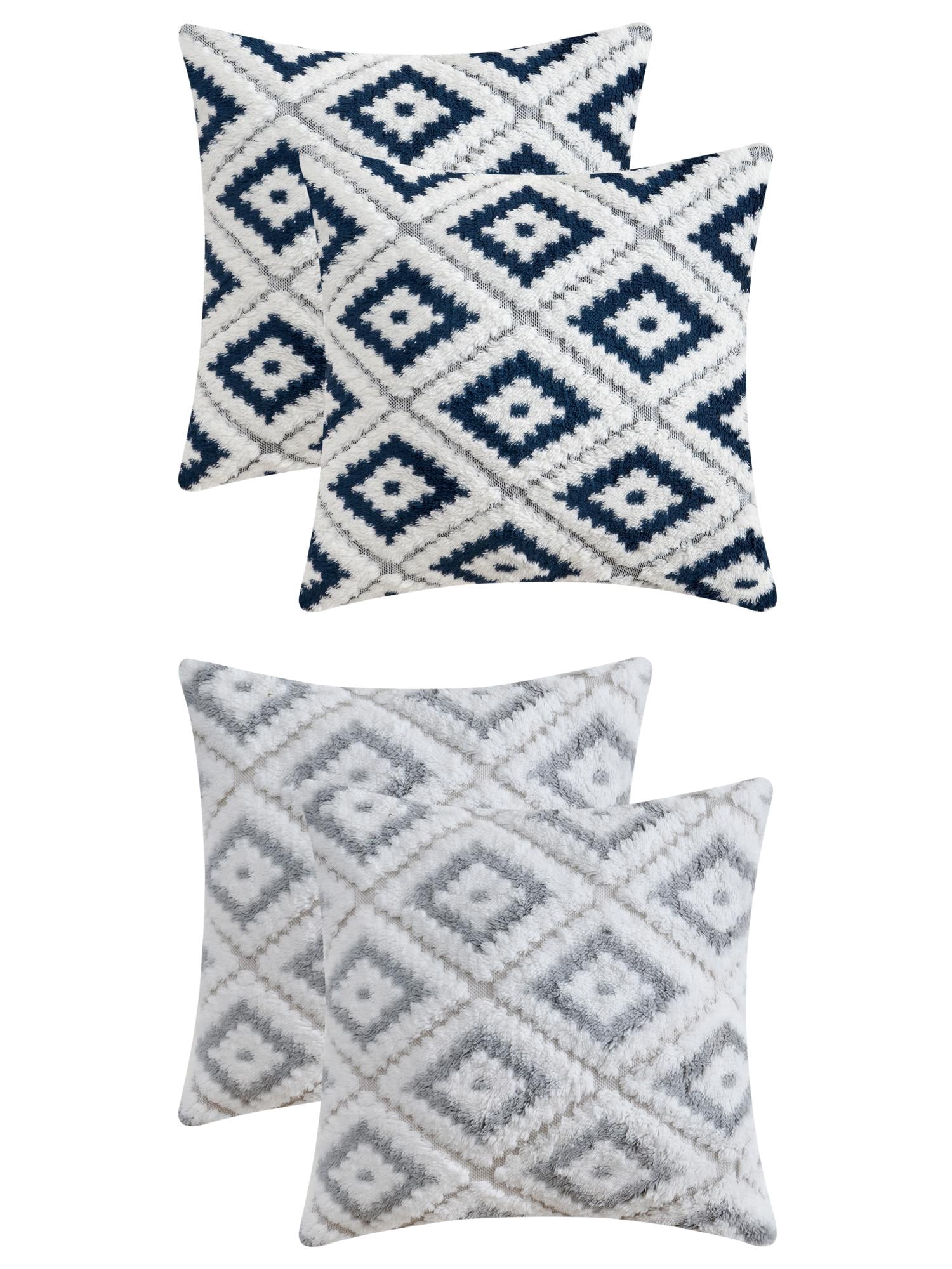 Unique Bargains 4 Pcs Soft Plush Throw Pillow Covers Grey/Navy Blue 18" x 18"