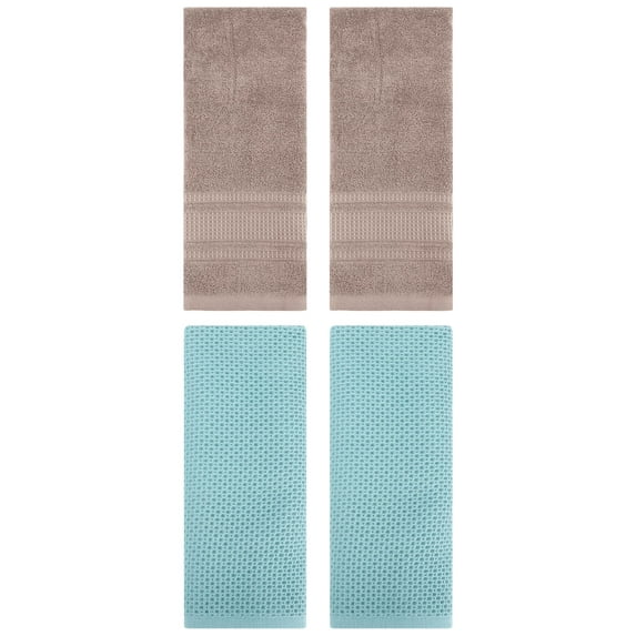 Unique Bargains 4 Pcs Soft Waffle Hand Towel Light Blue/Brown 13" x 30"/13" x 29"
