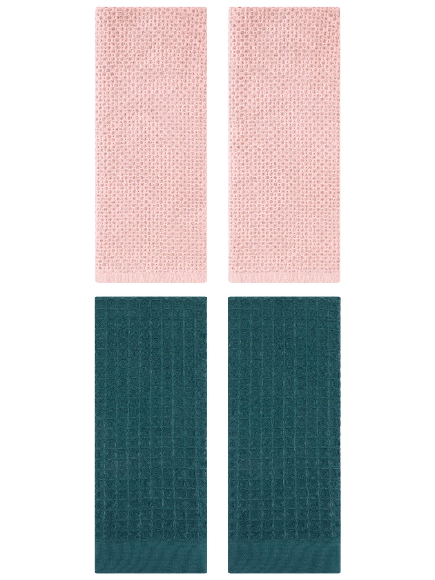 Unique Bargains 4 Pcs Soft Waffle Hand Towel Pink/Dark Green 13" x 30"/14" x 30"