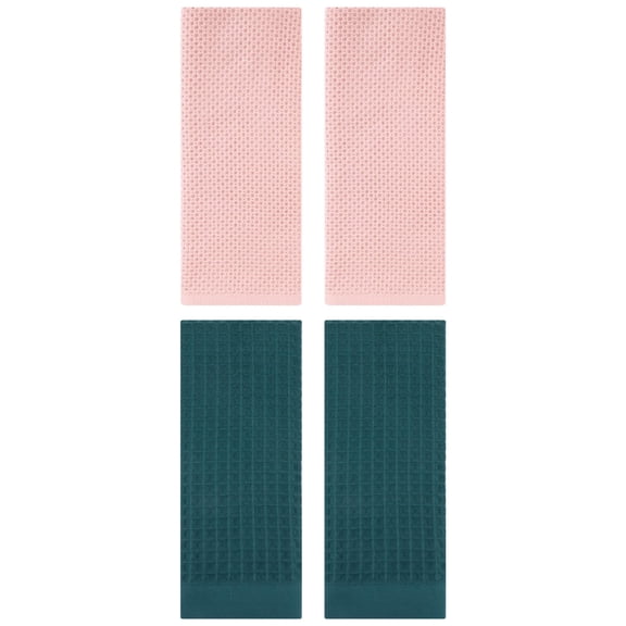 Unique Bargains 4 Pcs Soft Waffle Hand Towel Pink/Dark Green 13" x 30"/14" x 30"