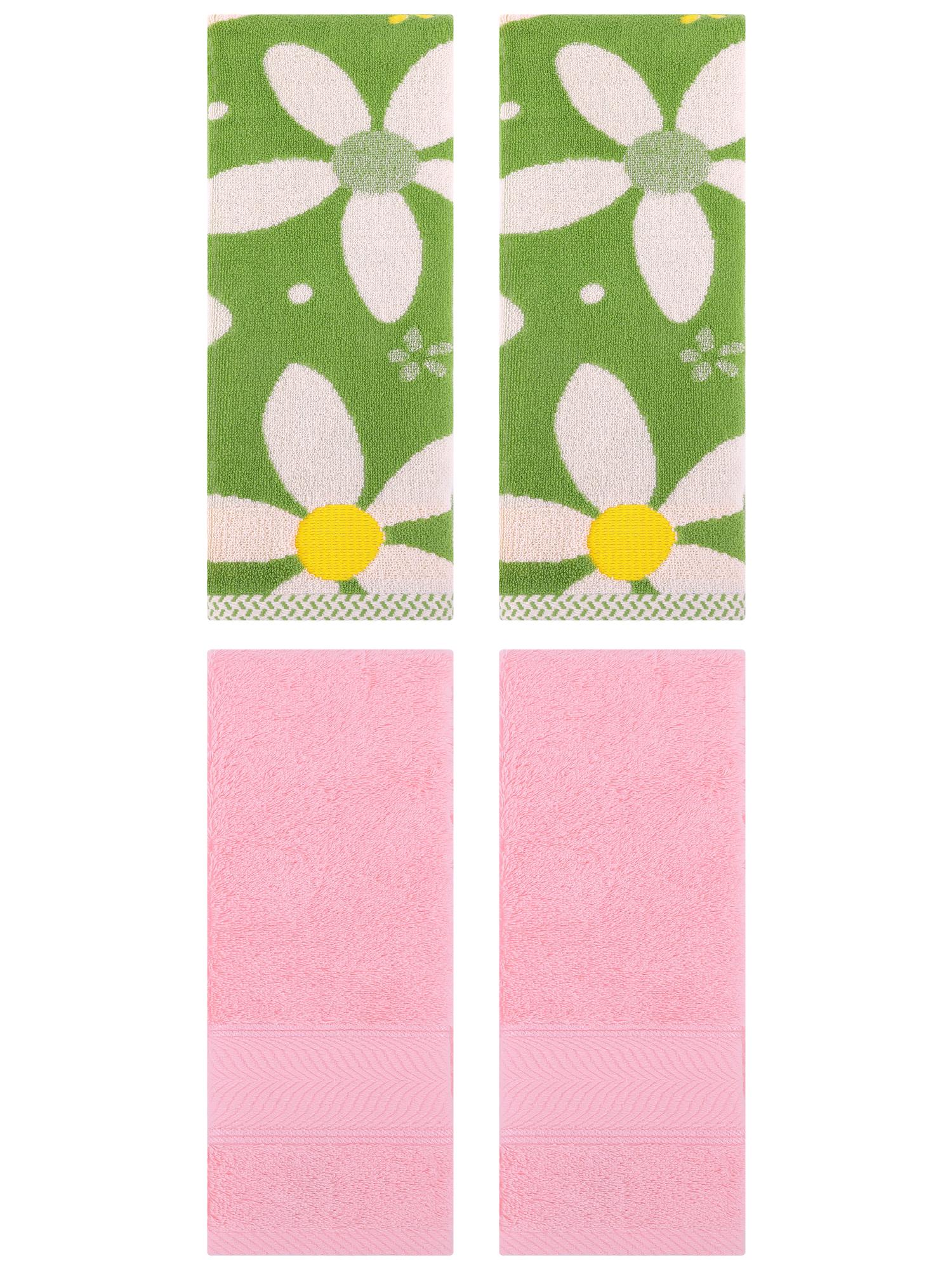 Unique Bargains 4 Pcs Sold Striped Cotton Hand Towels Pink/Green 14" x 30"/13" x 29"
