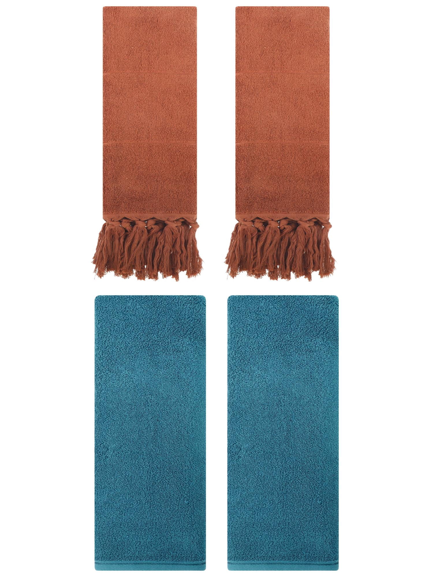 Unique Bargains 4 Pcs Solid Cotton Hand Towels Brown/Dark Cyan 14" x 30"/13" x 30"
