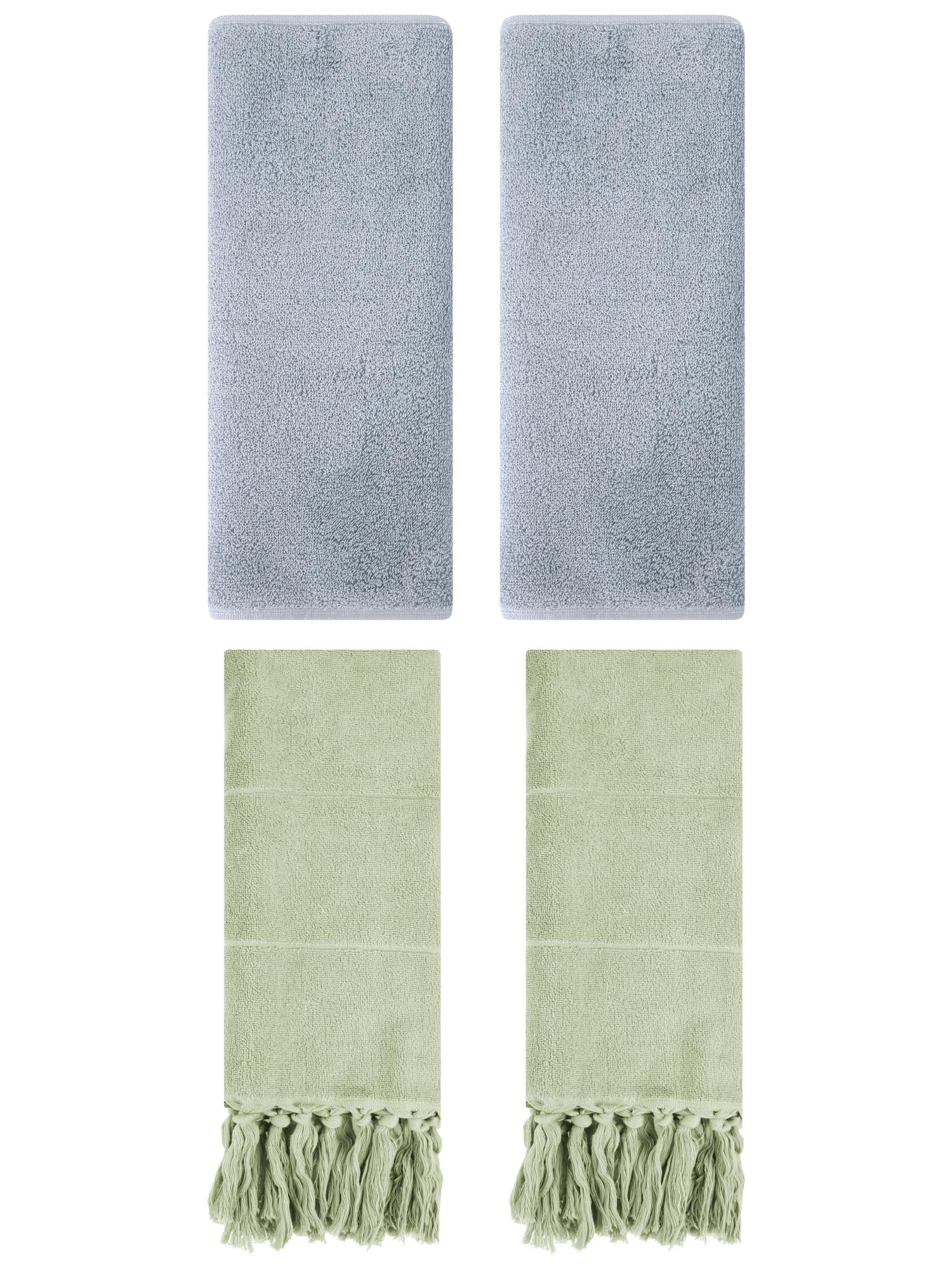 Unique Bargains 4 Pcs Solid Cotton Hand Towels Green/Light Grey 14" x 30"/13" x 30"
