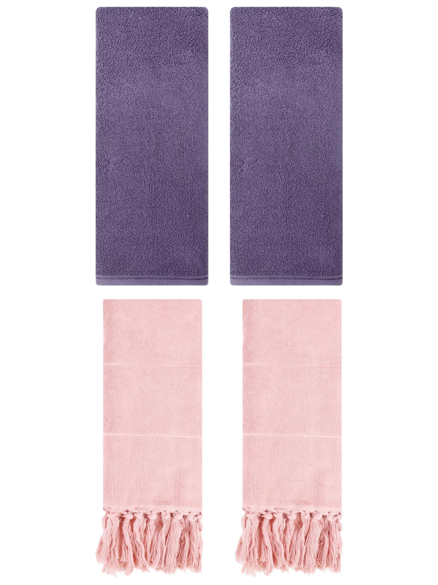 Unique Bargains 4 Pcs Solid Cotton Hand Towels Pink/Dark Purple 14" x 30"/13" x 30"