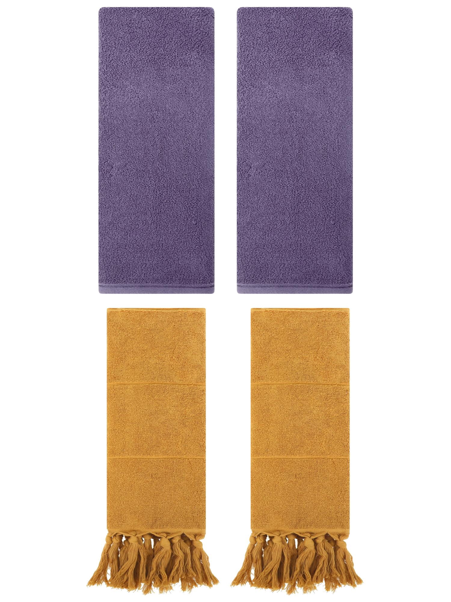 Unique Bargains 4 Pcs Solid Cotton Hand Towels Yellow/Dark Purple 14" x 30"/13" x 30"