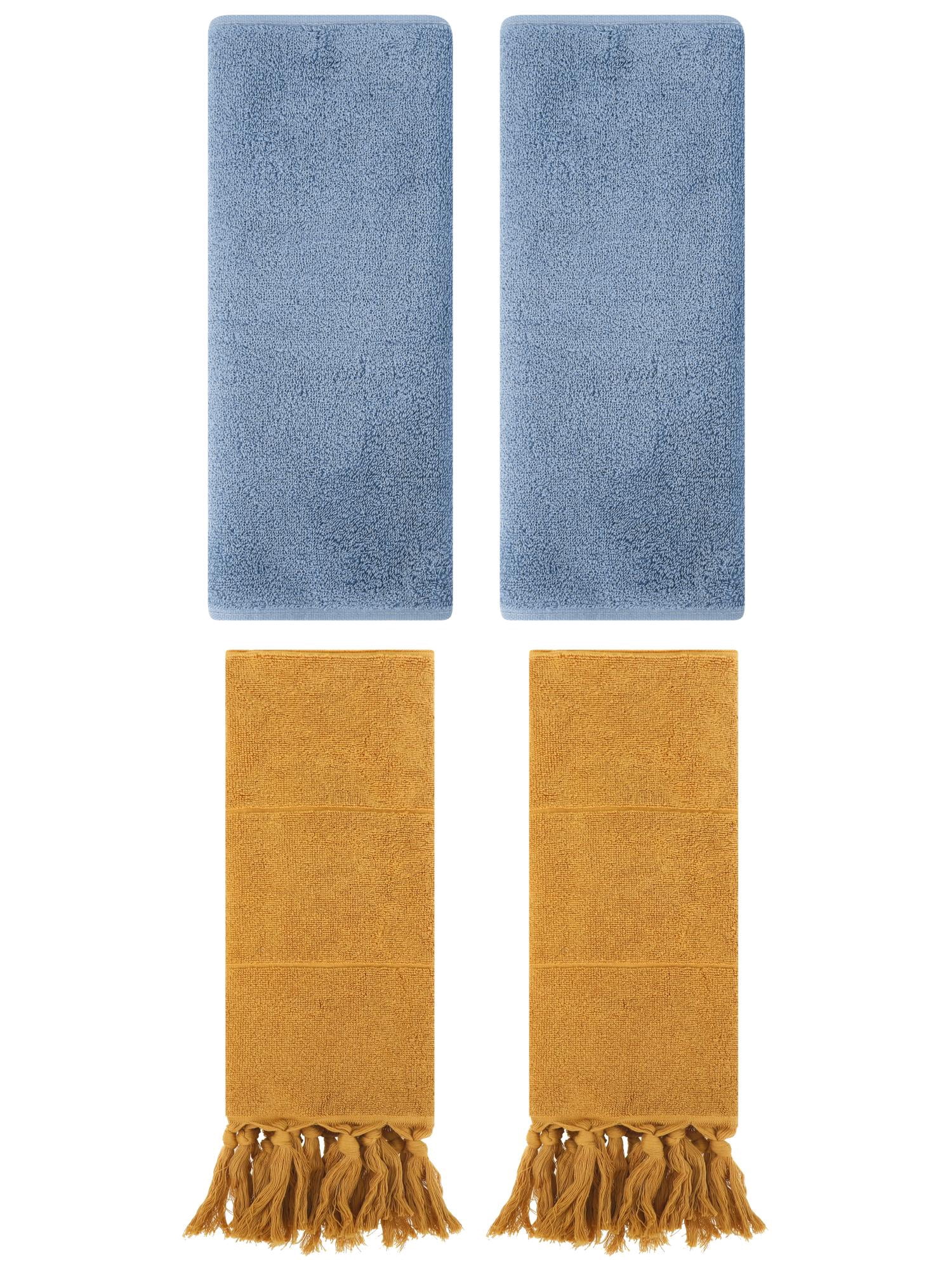 Unique Bargains 4 Pcs Solid Cotton Hand Towels Yellow/Light Steel Blue 14" x 30"/13" x 30"