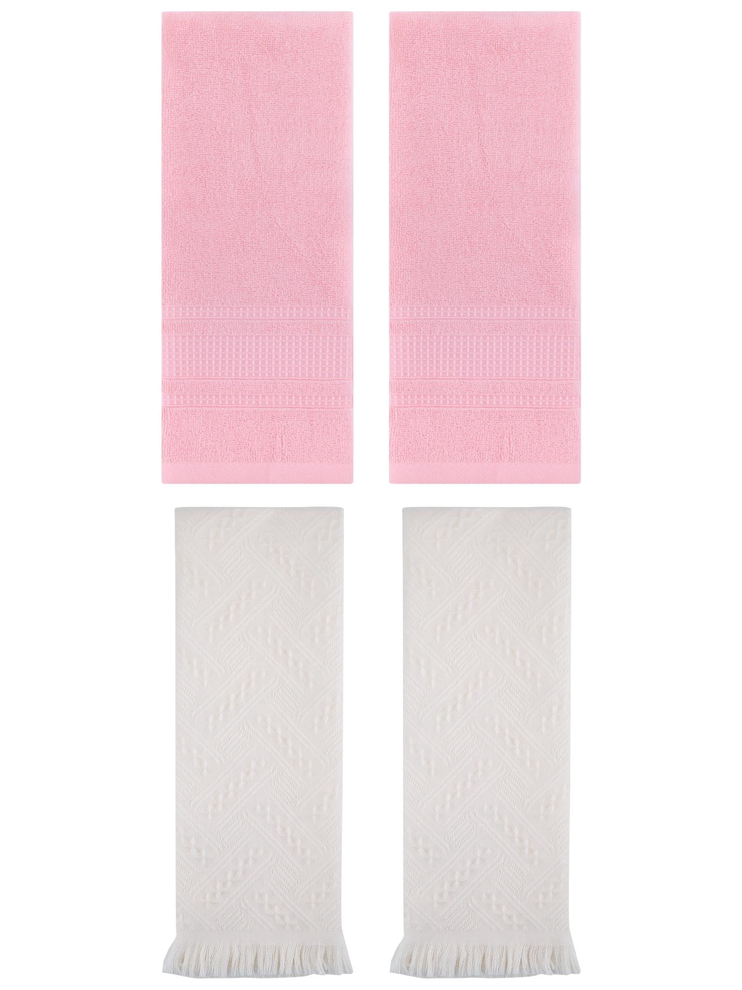 Unique Bargains 4 Pcs Solid Cotton Soft Waffle Hand Towels 13" x 29" Pink/Beige