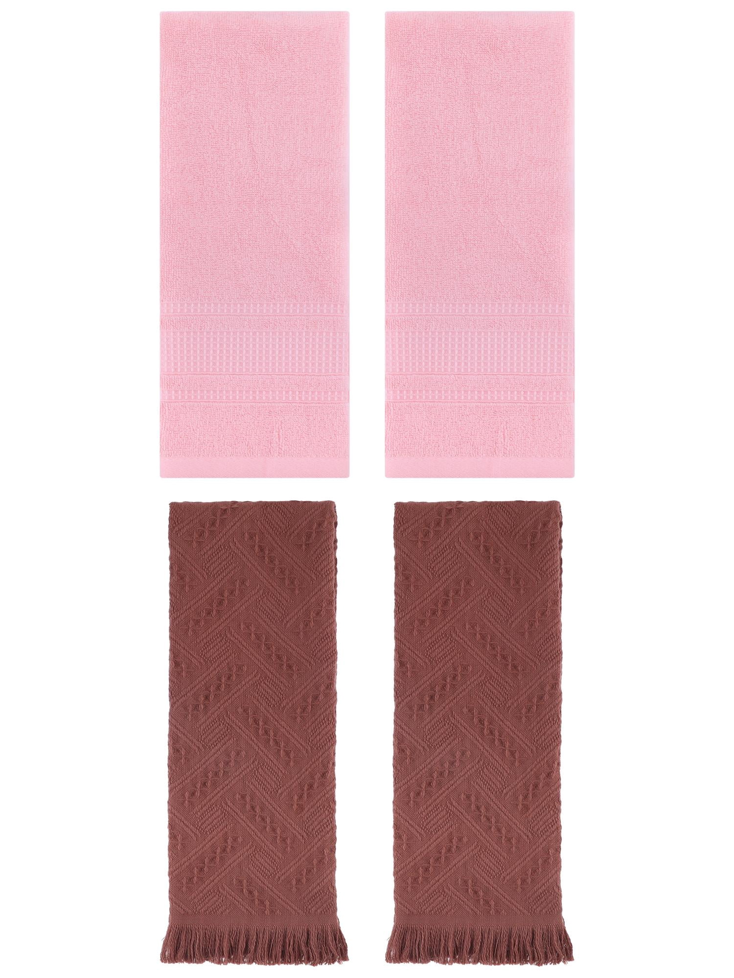 Unique Bargains 4 Pcs Solid Cotton Soft Waffle Hand Towels 13" x 29" Pink/Brown