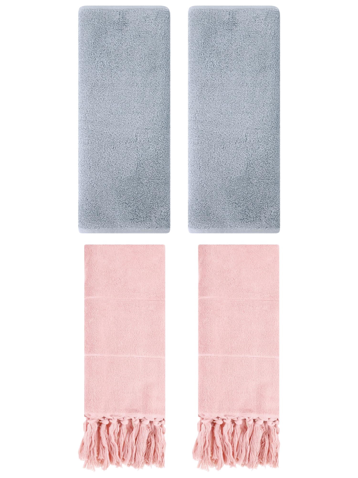 Unique Bargains 4 Pcs Solid Soft Hand Towels Pink/Light Grey 14" x 30"/13" x 30"