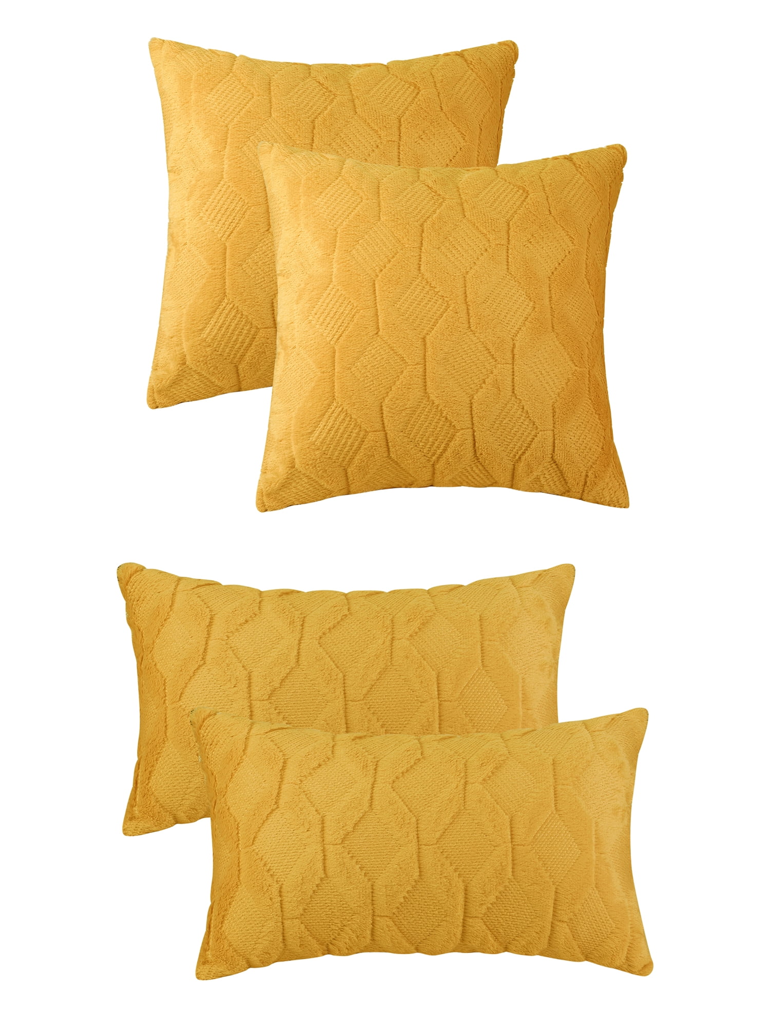 Unique Bargains 4 Pcs Solid Soft Short Plush Pillow Covers Home Decor Yellow 12" x 20"/18" x 18"