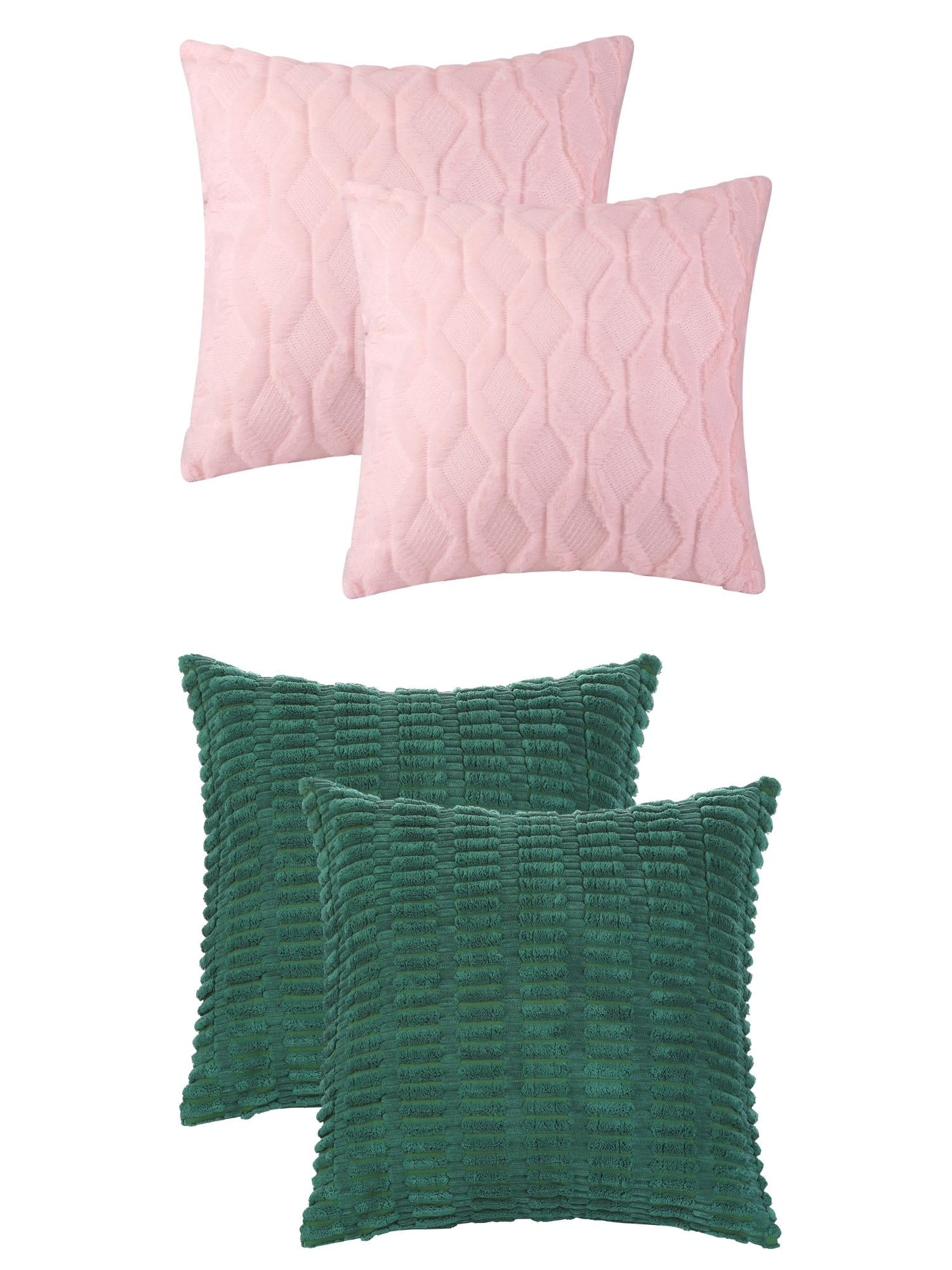 Unique Bargains 4 Pcs Solid Texture Throw Pillow Covers Dark Green/Light Pink 18 x 18 Inch
