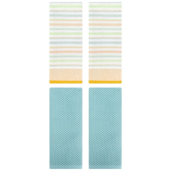 Unique Bargains 4 Pcs Solid Waffle Hand Towels Light Blue/Yellow 13" x 30"/13" x 27"