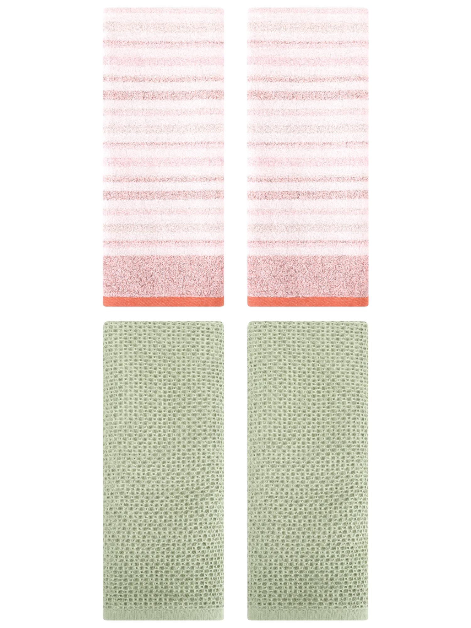 Unique Bargains 4 Pcs Solid Waffle Hand Towels Light Green/Pink 13" x 30"/13" x 27"