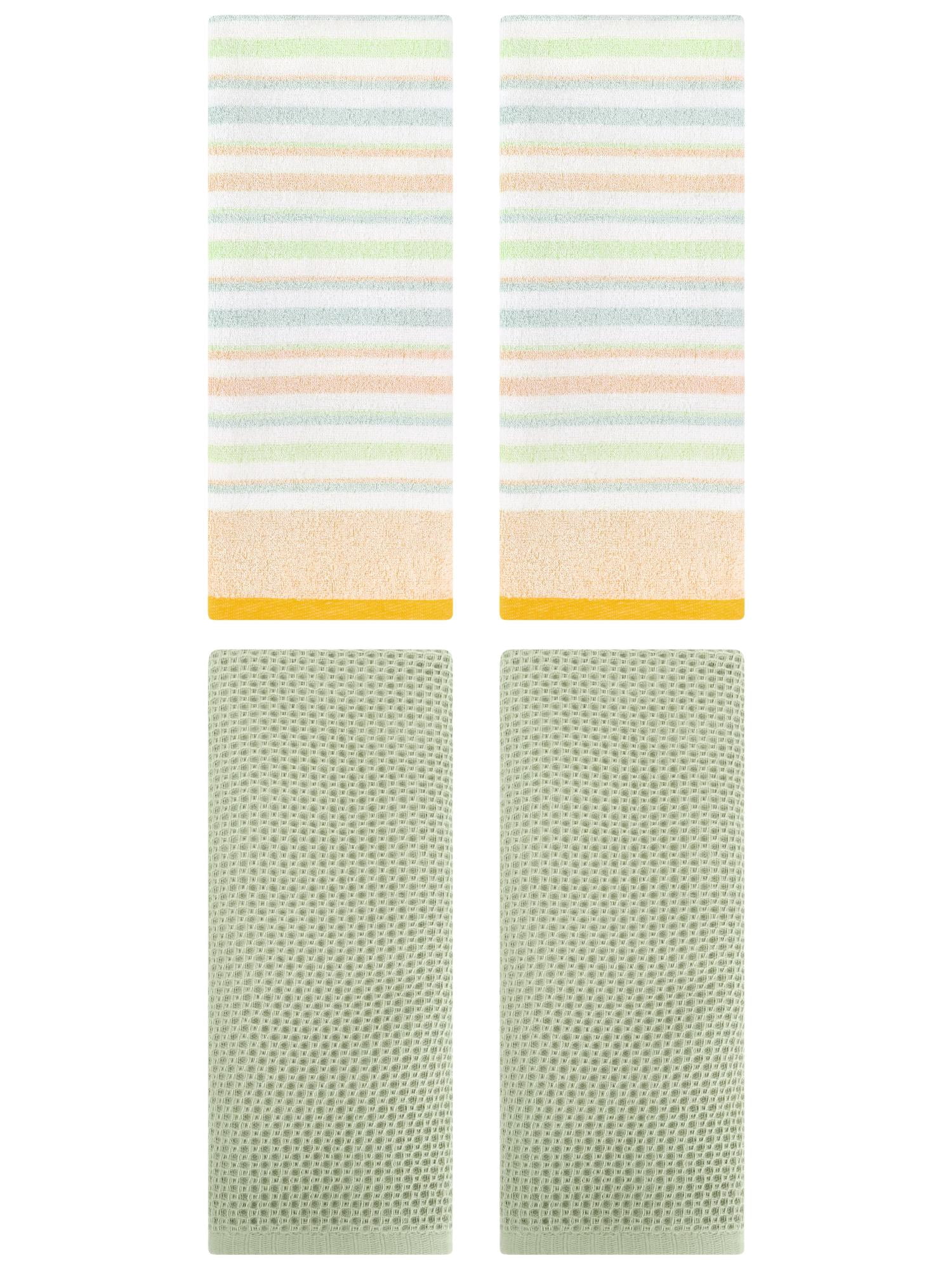 Unique Bargains 4 Pcs Solid Waffle Hand Towels Light Green/Yellow 13" x 30"/13" x 27"