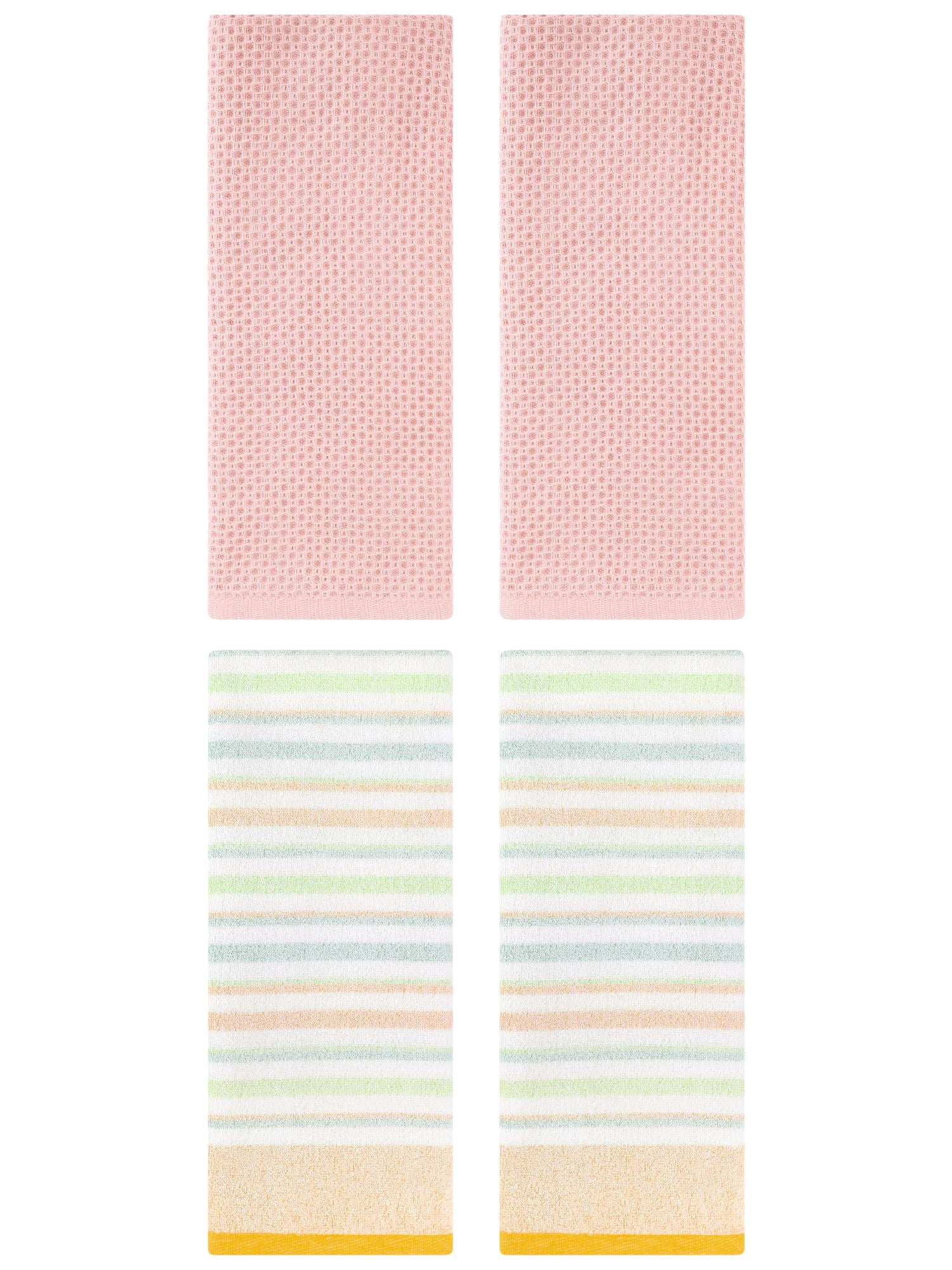 Unique Bargains 4 Pcs Solid Waffle Hand Towels Pink/Yellow 13" x 30"/13" x 27"