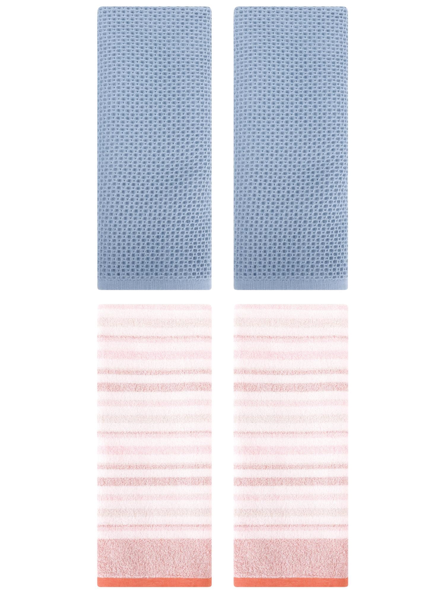 Unique Bargains 4 Pcs Solid Waffle Hand Towels Steel Blue/Pink 13" x 30"/13" x 27"