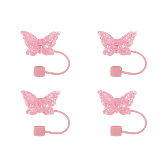 Unique Bargains 4 Pcs Sparkling Butterfly Straw Cover Cap for Office Pink Silicone