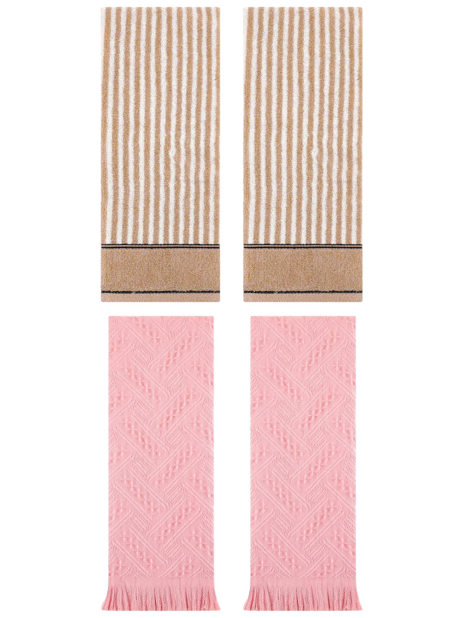Unique Bargains 4 Pcs Striped Absorbent Cotton Hand Towels 13 x 29 Inch Brown/Pink