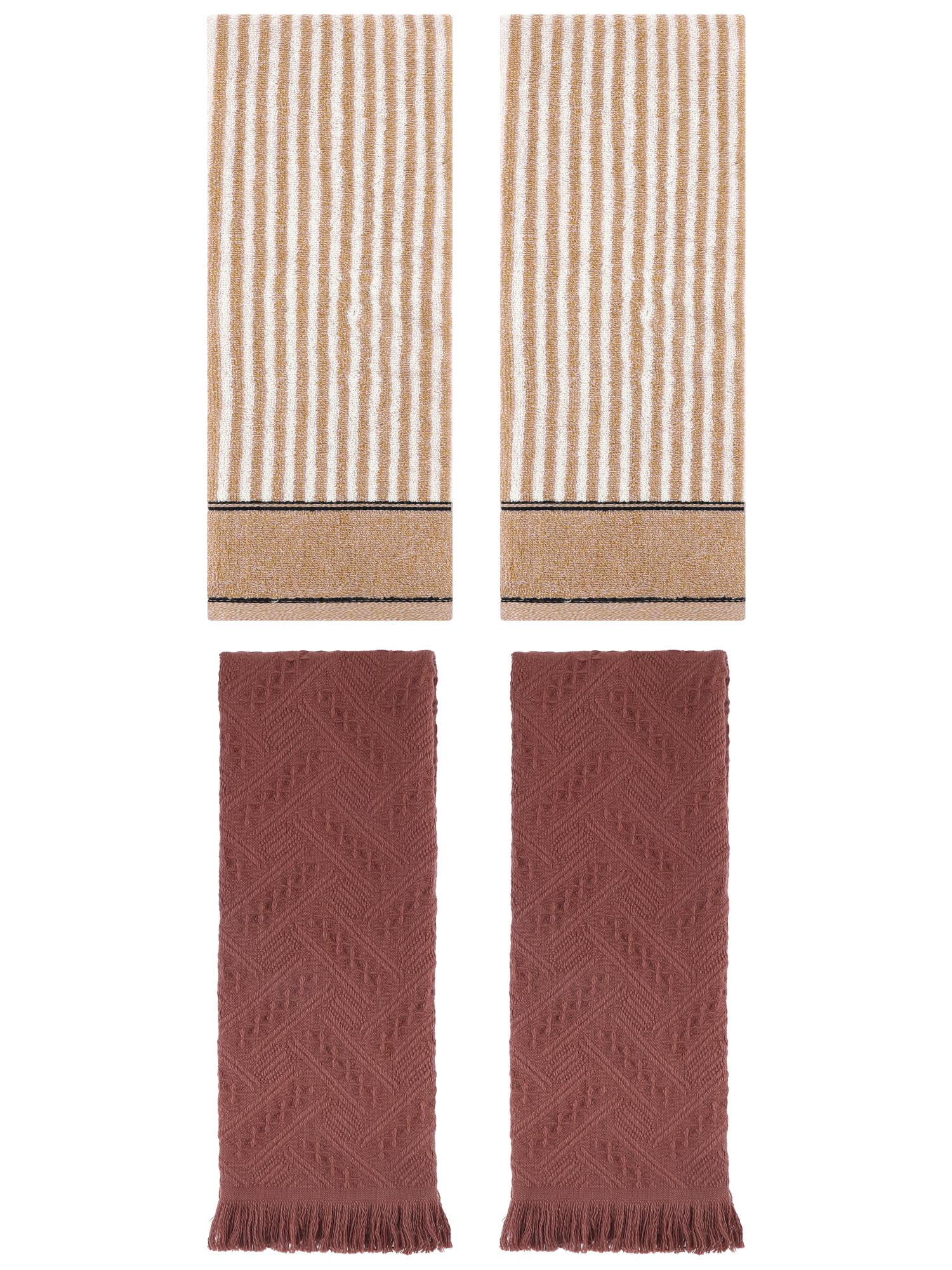 Unique Bargains 4 Pcs Striped Absorbent Cotton Hand Towels 13 x 29 Inch Brown
