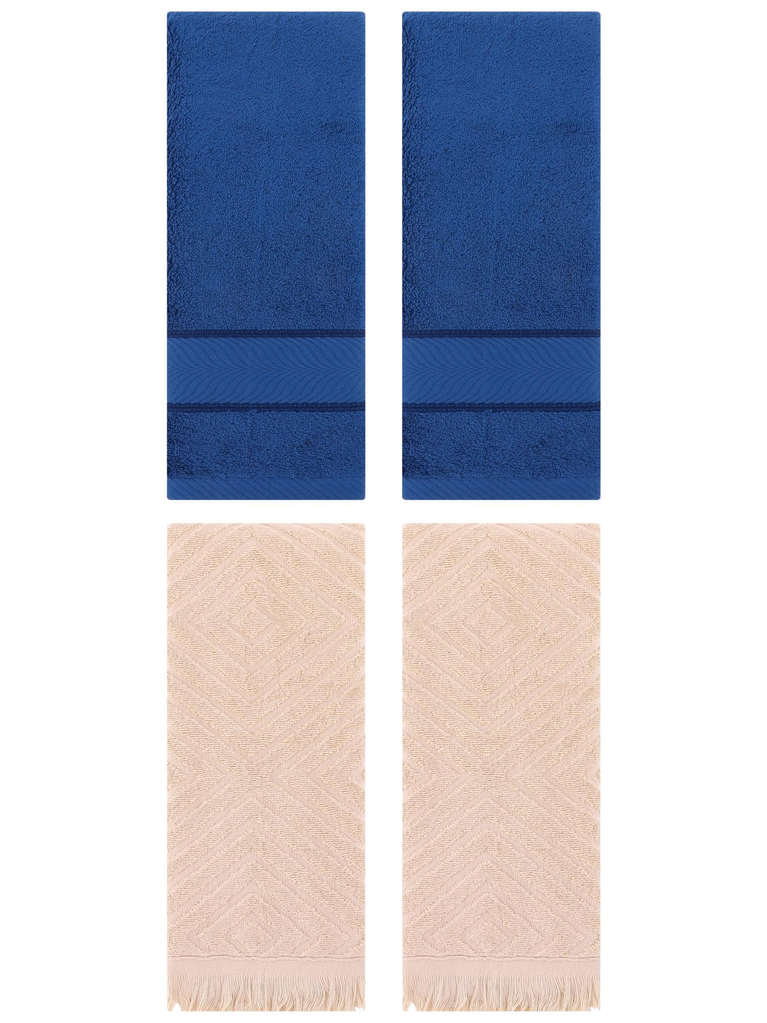 Unique Bargains 4 Pcs Striped Cotton Hand Towel Decor Navy Blue/Brown 14" x 30"/13" x 29"