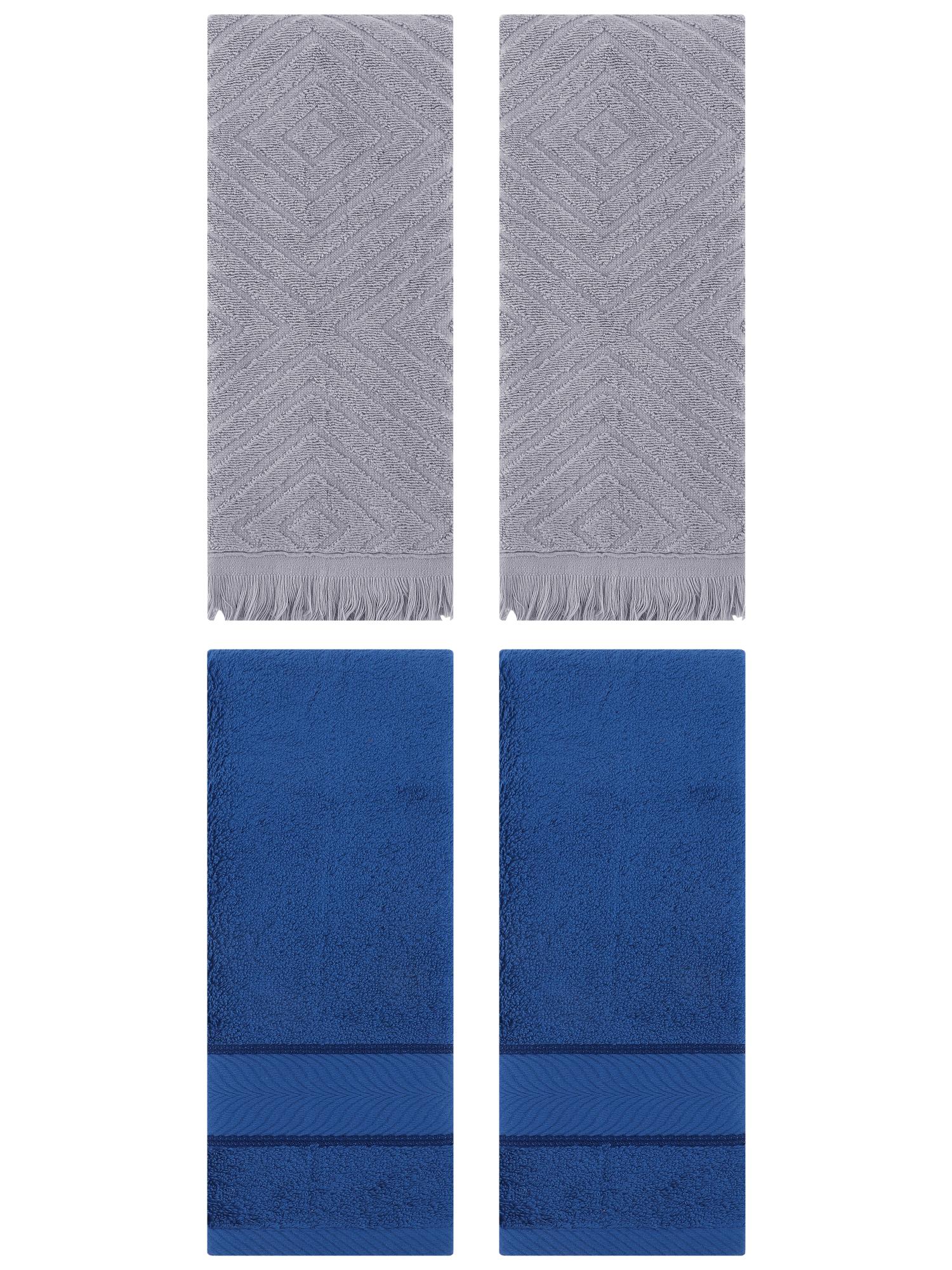 Unique Bargains 4 Pcs Striped Cotton Hand Towel Decor Navy Blue/Grey 14" x 30"/13" x 29"