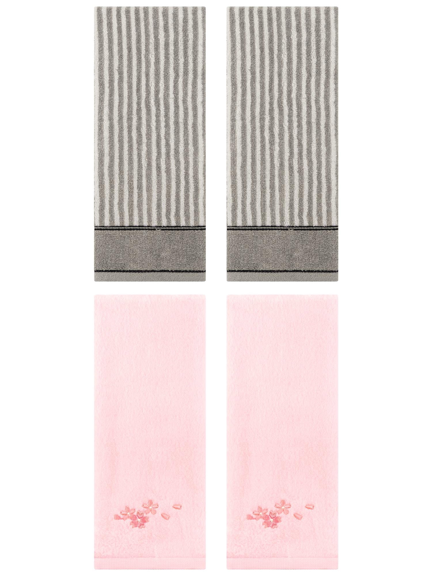 Unique Bargains 4 Pcs Striped Cotton Hand Towel Set 13 x 29 Inch Grey/Pink