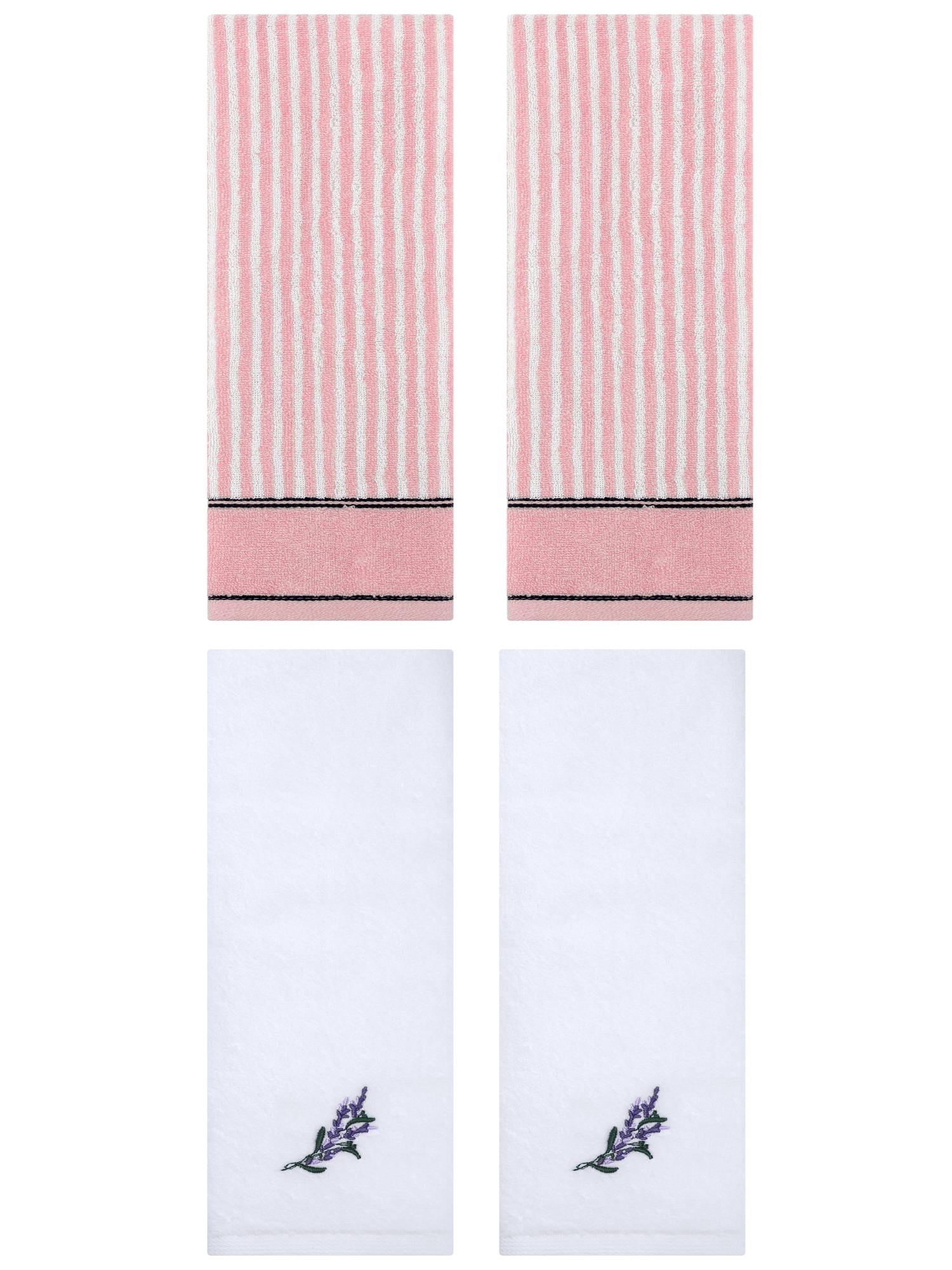 Unique Bargains 4 Pcs Striped Cotton Hand Towel Set 13 x 29 Inch Pink/White