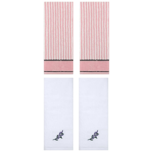 Unique Bargains 4 Pcs Striped Cotton Hand Towel Set 13 x 29 Inch Pink/White