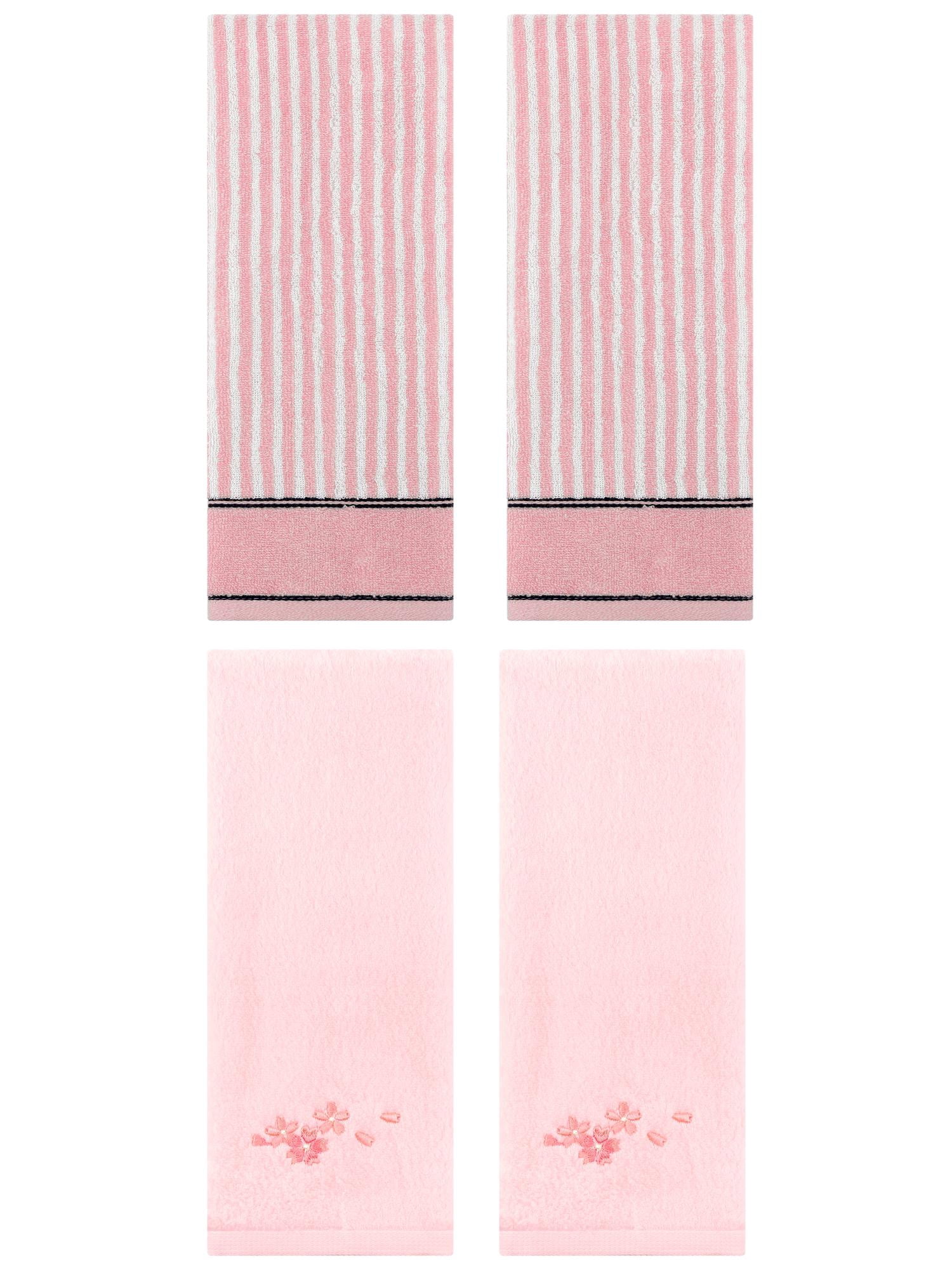 Unique Bargains 4 Pcs Striped Cotton Hand Towel Set 13 x 29 Inch Pink