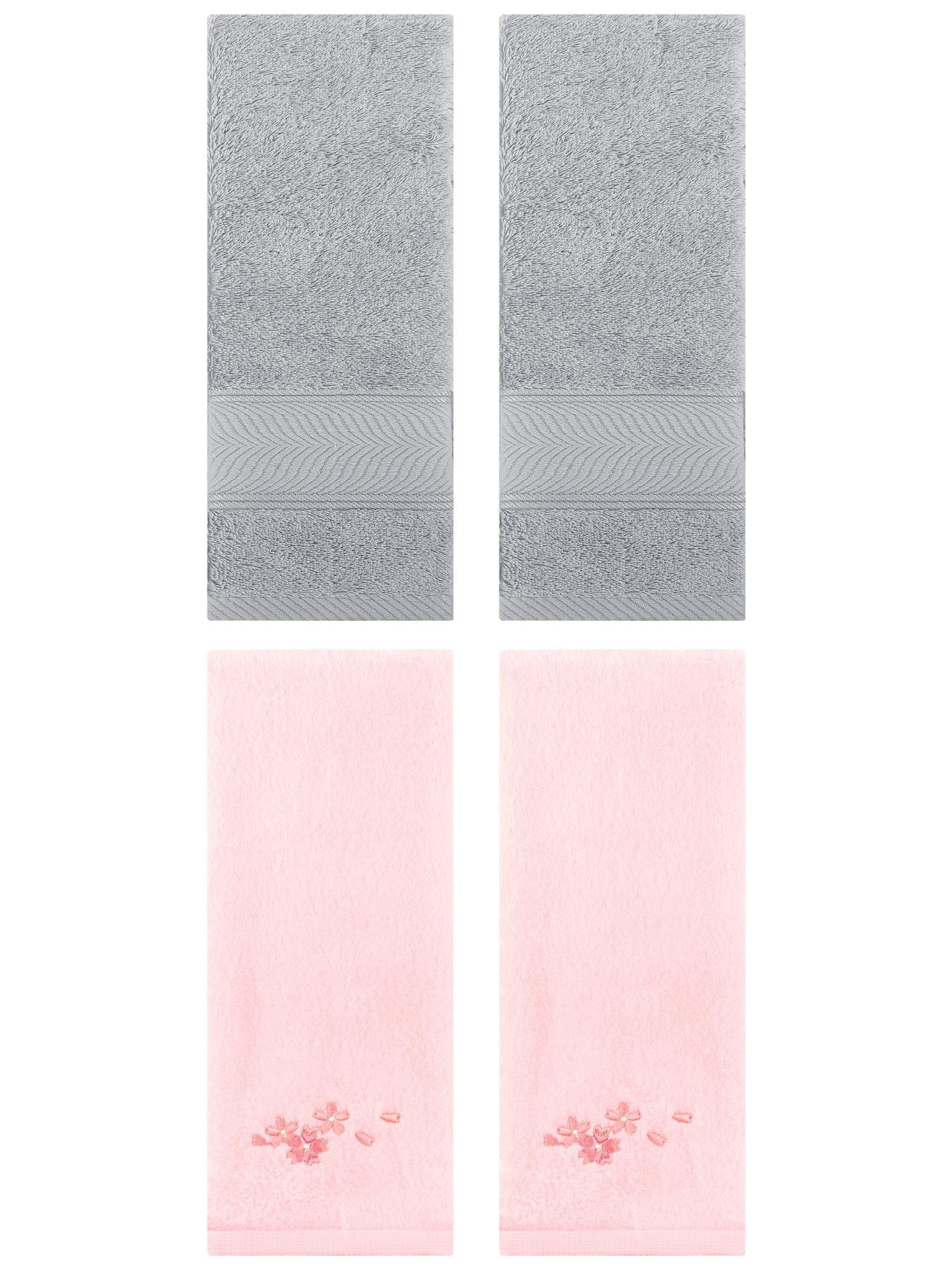 Unique Bargains 4 Pcs Striped Hand Towel Set Light Grey/Pink 14" x 30"/13" x 29"