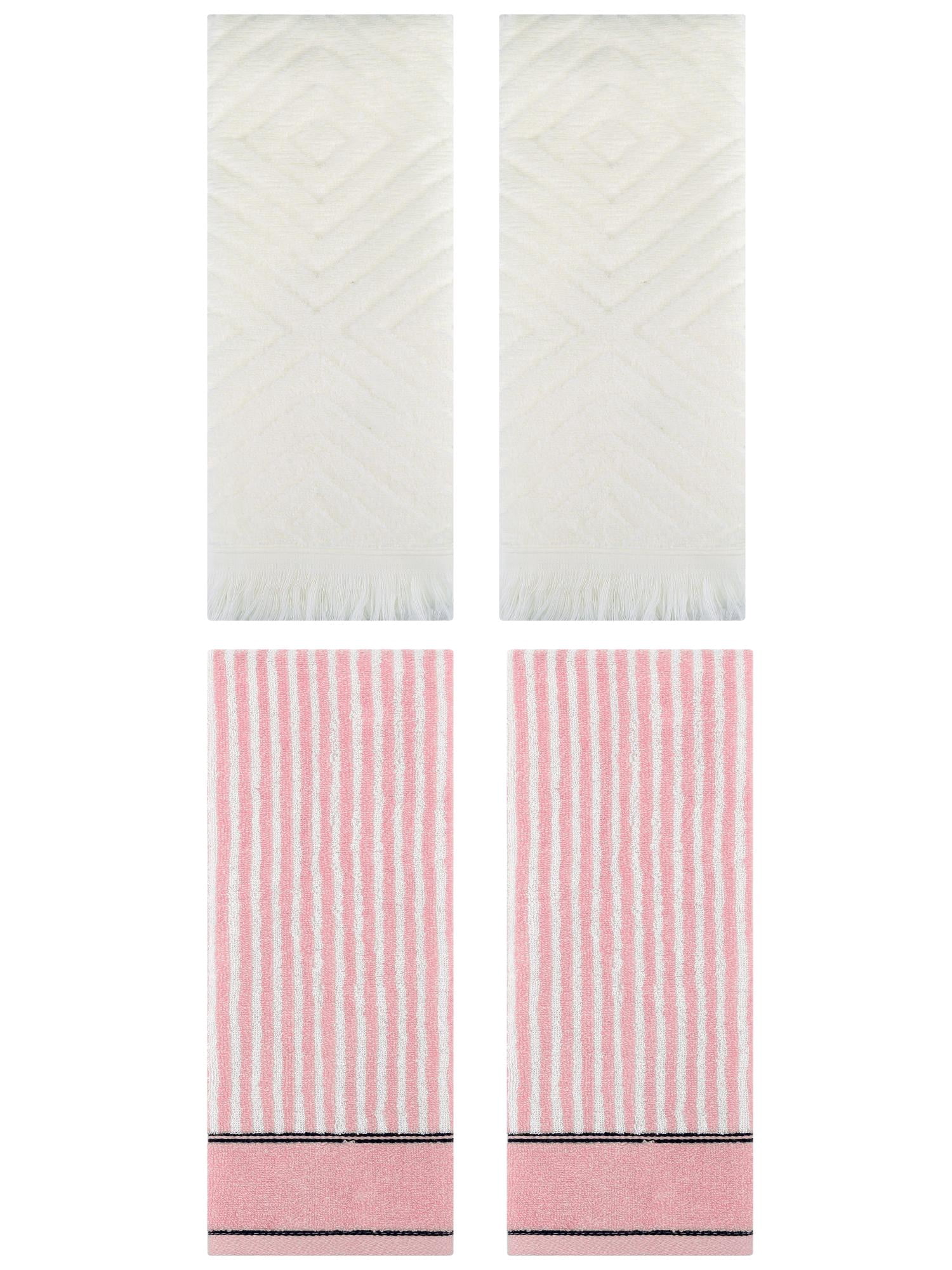 Unique Bargains 4 Pcs Striped Pattern Soft Hand Towels 13 x 29 Inch Pink/Beige