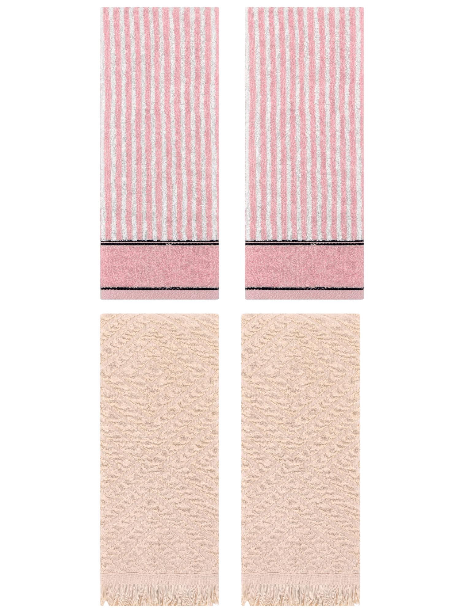 Unique Bargains 4 Pcs Striped Pattern Soft Hand Towels 13 x 29 Inch Pink/Brown