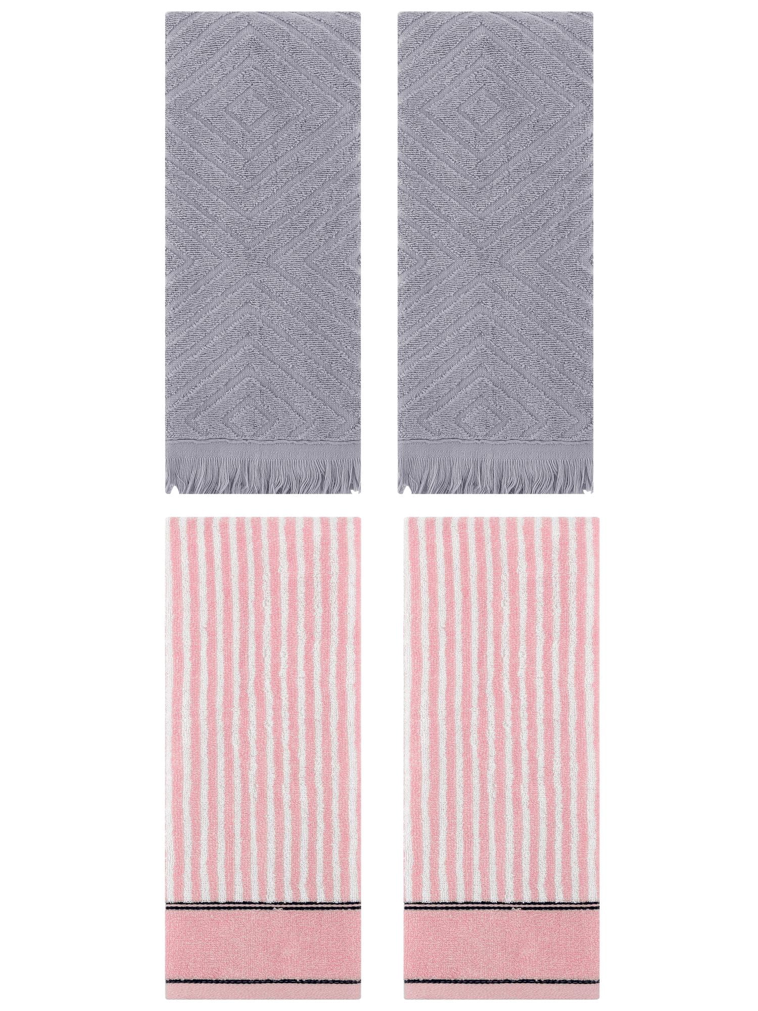 Unique Bargains 4 Pcs Striped Pattern Soft Hand Towels 13 x 29 Inch Pink/Grey